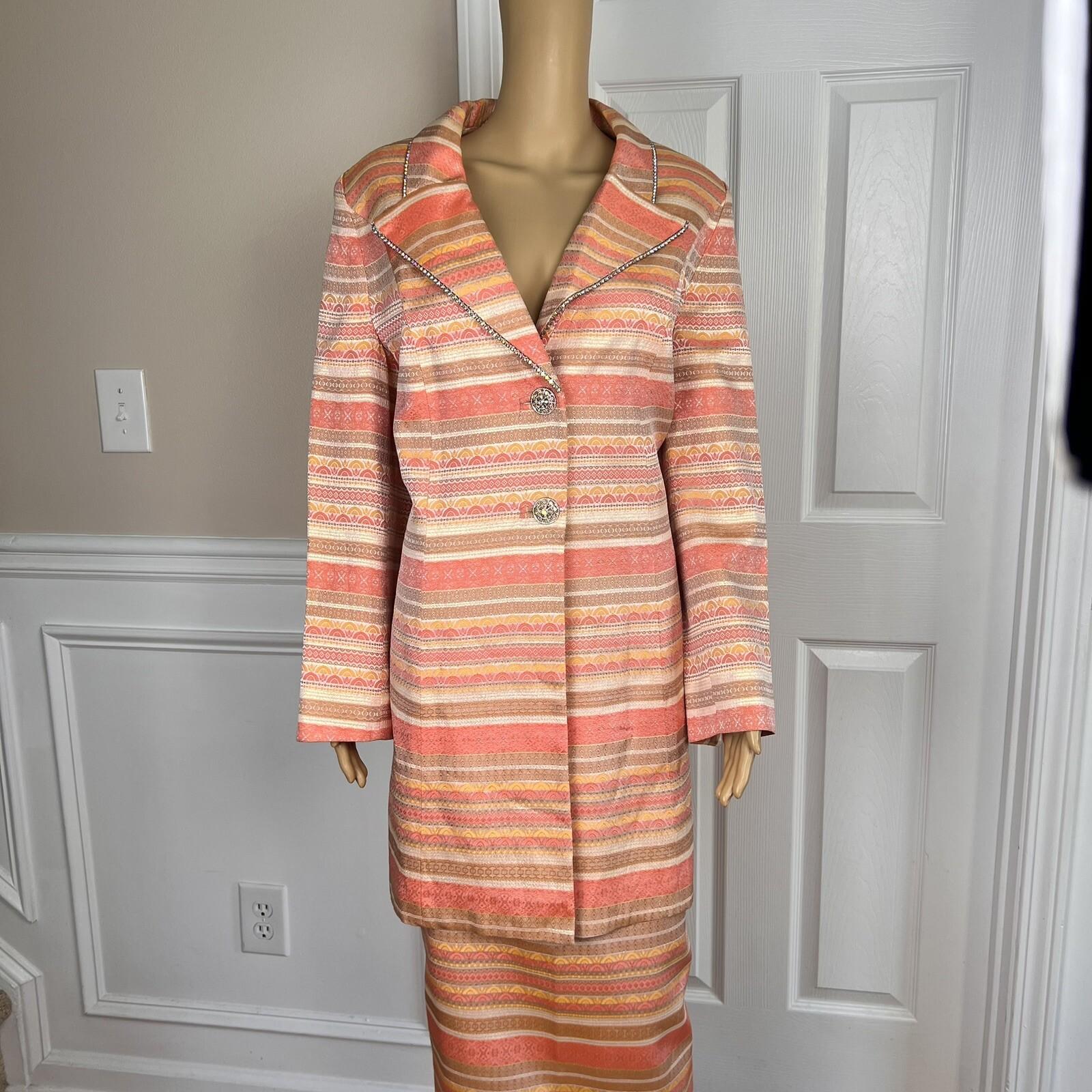 10-3501.jpg MOSHITA COUTURE 2PC Multicolor Beaded Acetate Metallic Lined Skirt Suit Size 14