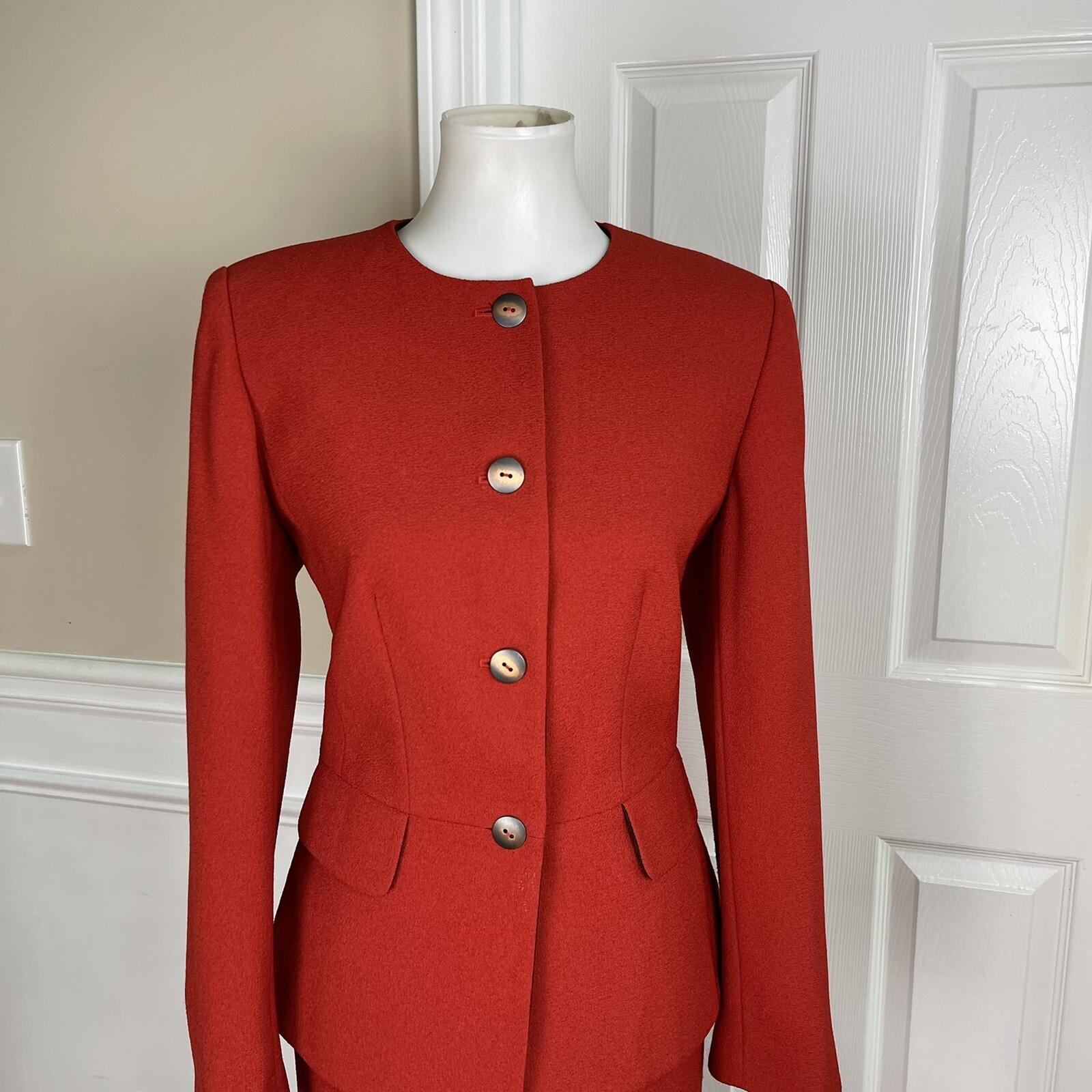 SAG HARBOR 2PC Orange Polyester Lined Collarless Ruffle Skirt Suit Size 8