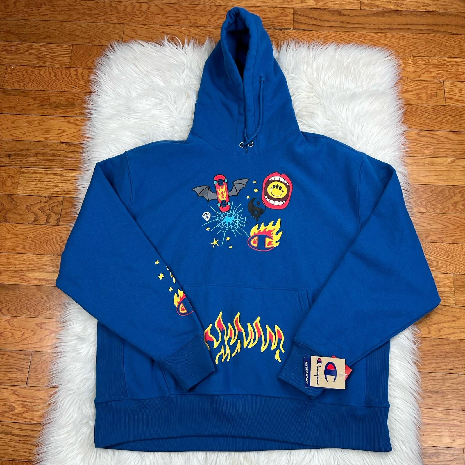 Champion Reverse Weave Hoodie Sweatshirt Size 2XL Living in Blue Skateboard