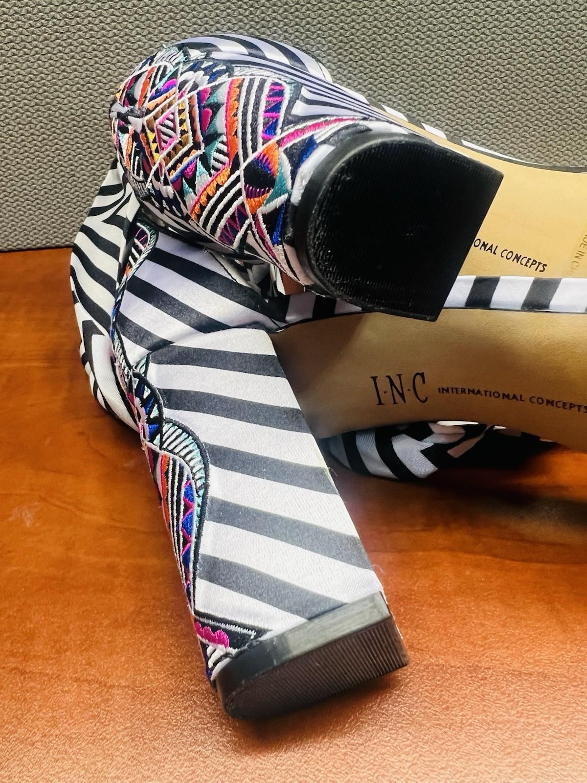 INC International Concepts Block Heel Shoes 9M Black White Striped Tie Up Ribbon