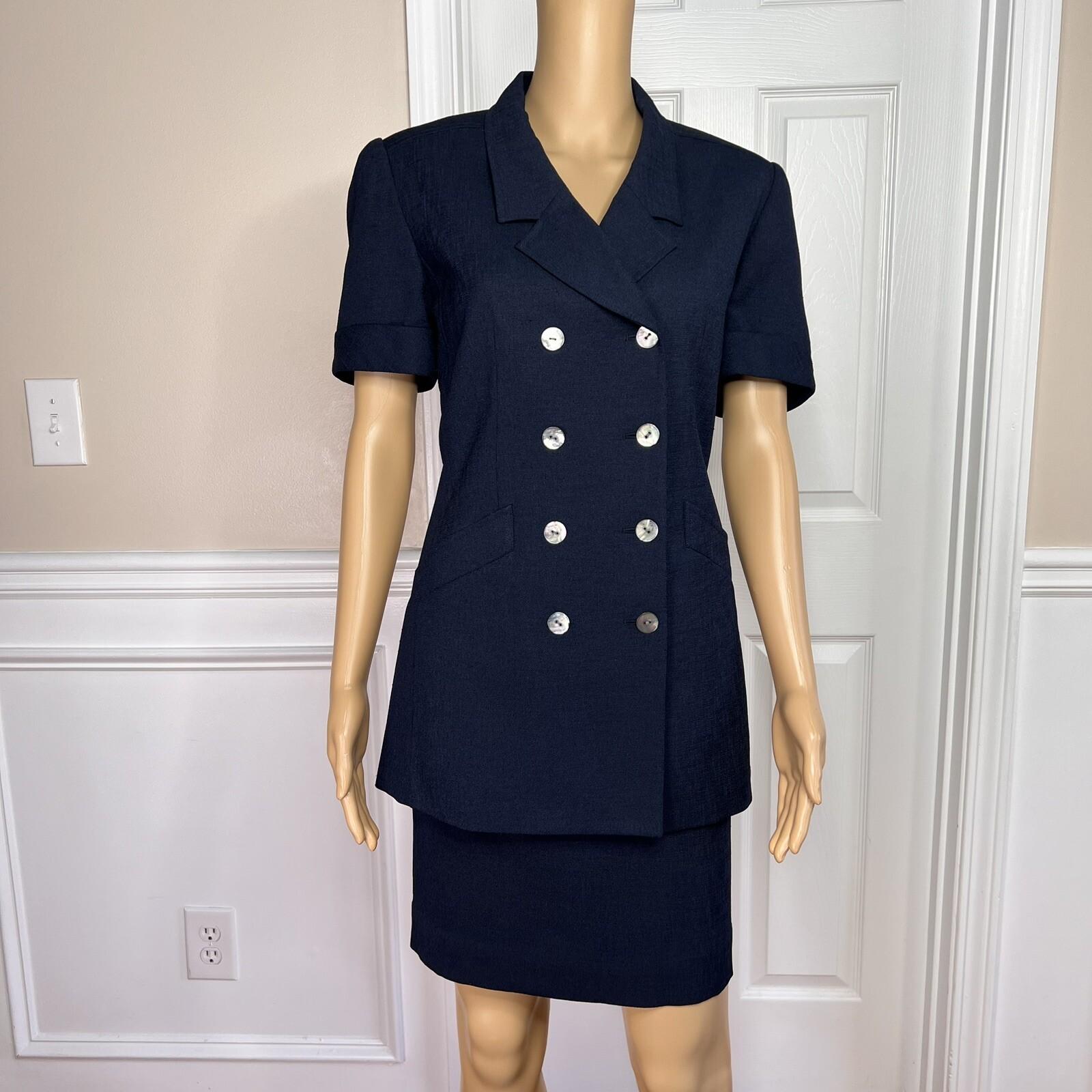 KASPER ASL 2PC VTG Dark Blue Double Breasted Polyester Cocktail Skirt Suit SZ 6