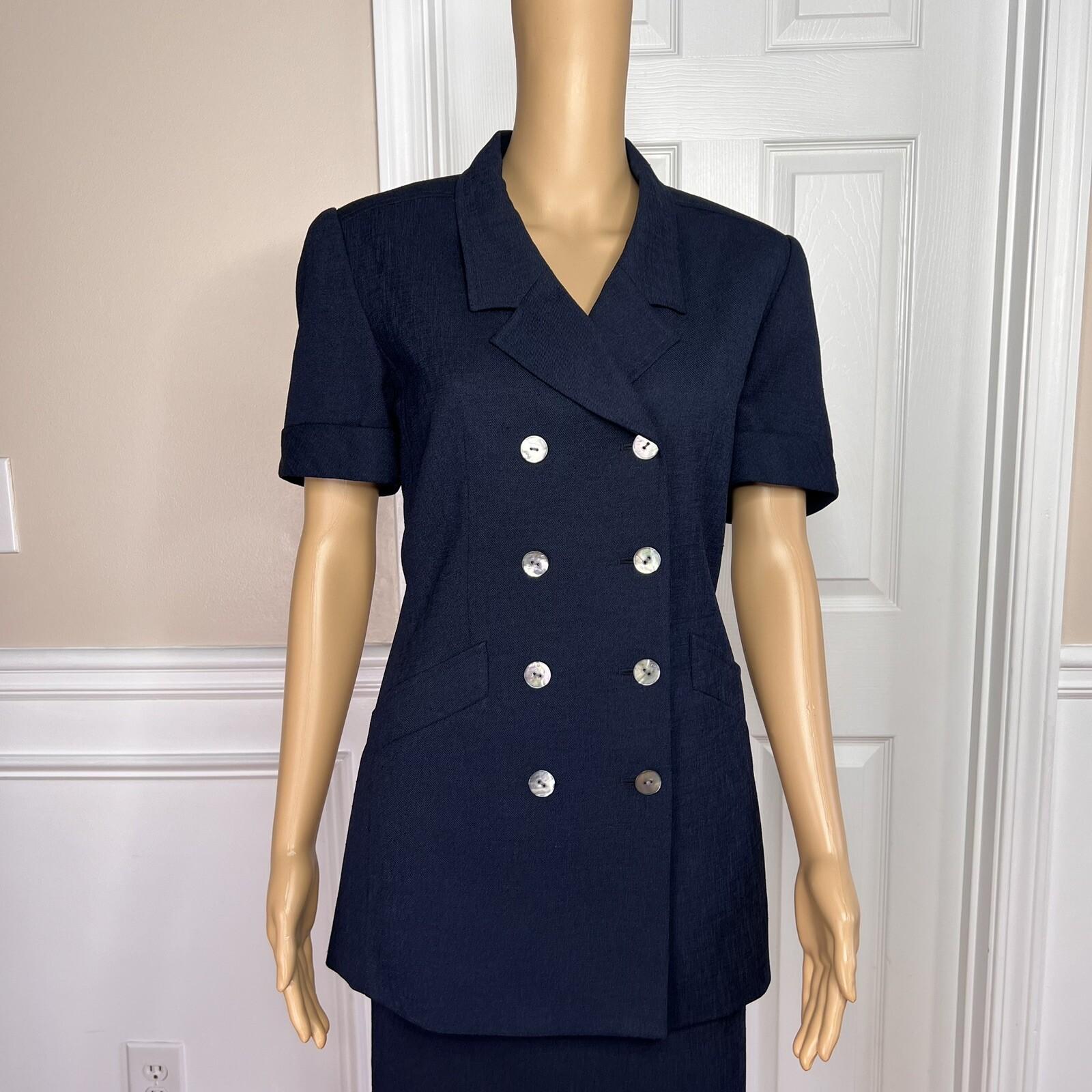 KASPER ASL 2PC VTG Dark Blue Double Breasted Polyester Cocktail Skirt Suit SZ 6