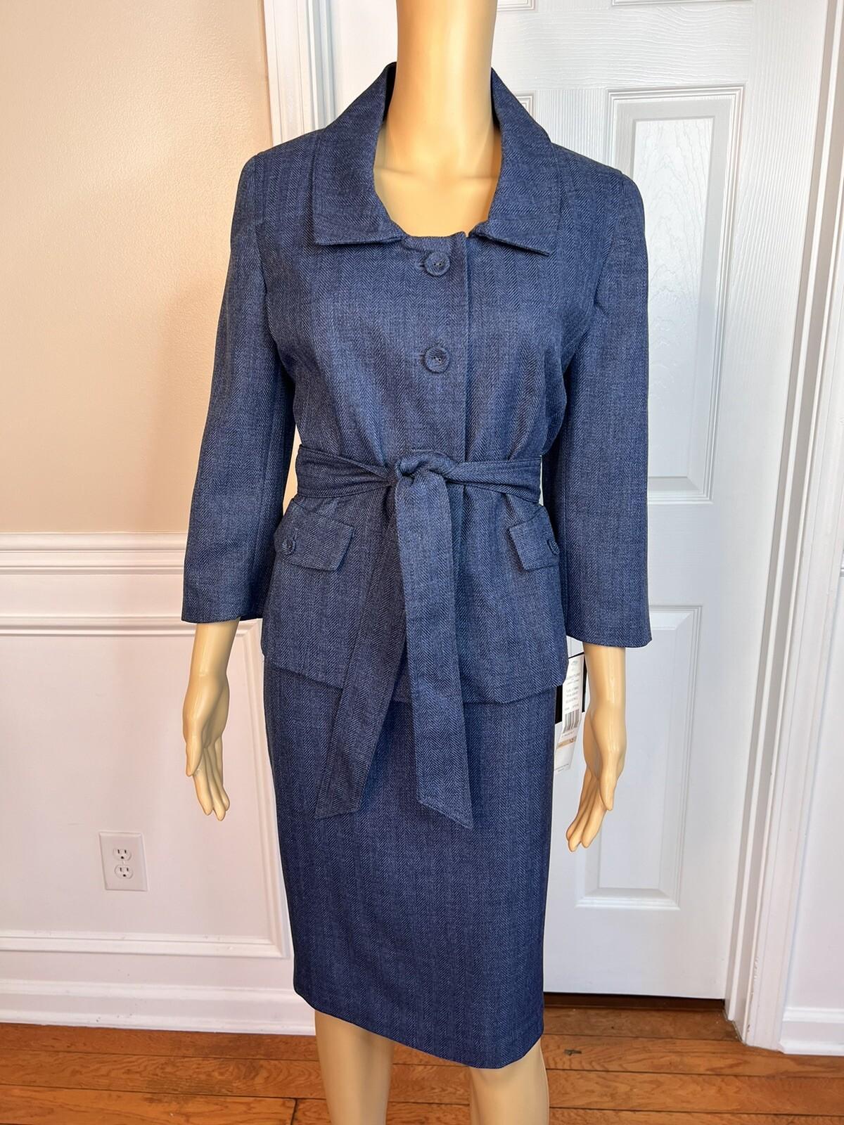 Larry Levine Polyester Skirt Suit 12 Blue Lined Pleated Belted Shawl Collar New