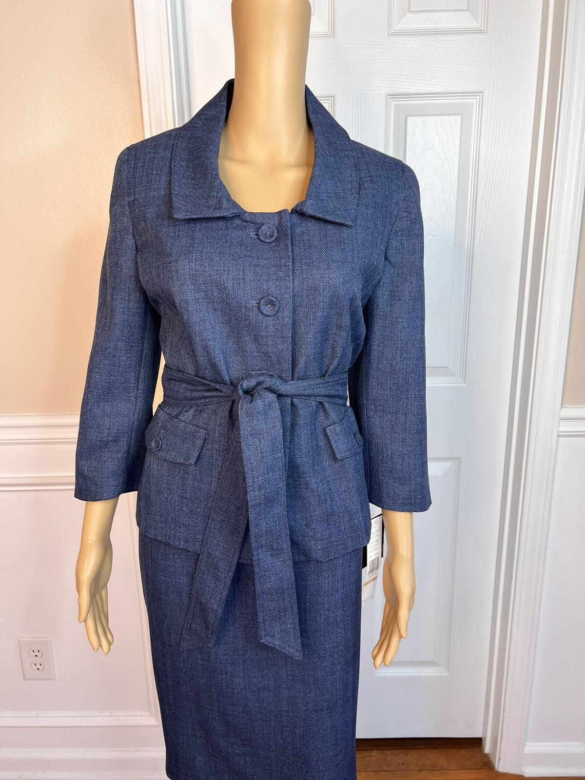 Larry Levine Polyester Skirt Suit 12 Blue Lined Pleated Belted Shawl Collar New