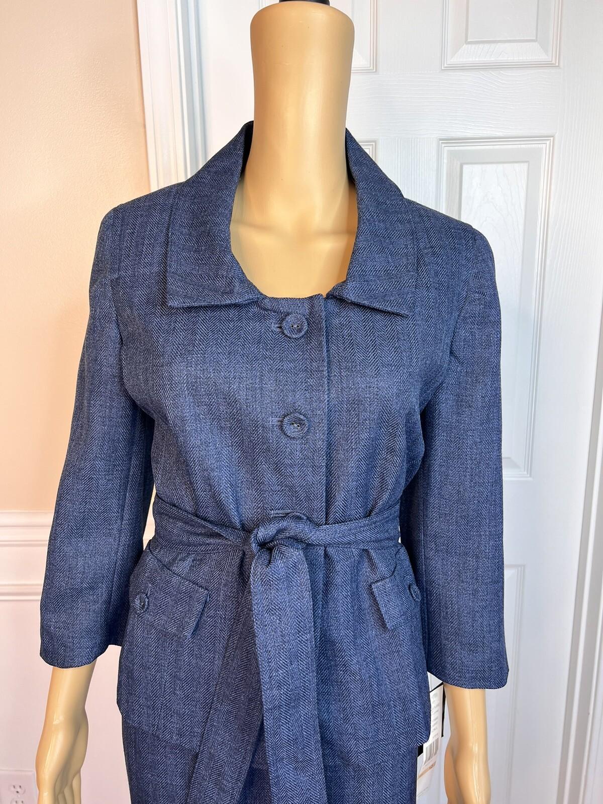 Larry Levine Polyester Skirt Suit 12 Blue Lined Pleated Belted Shawl Collar New