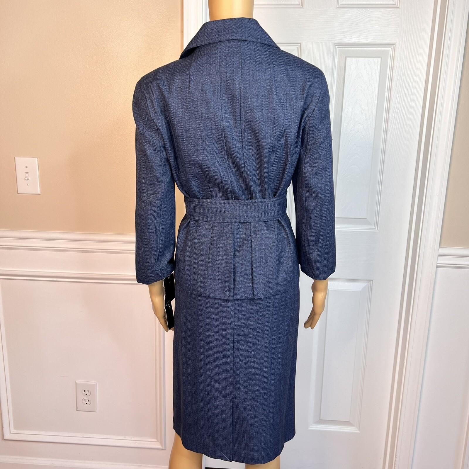 Larry Levine Polyester Skirt Suit 12 Blue Lined Pleated Belted Shawl Collar New