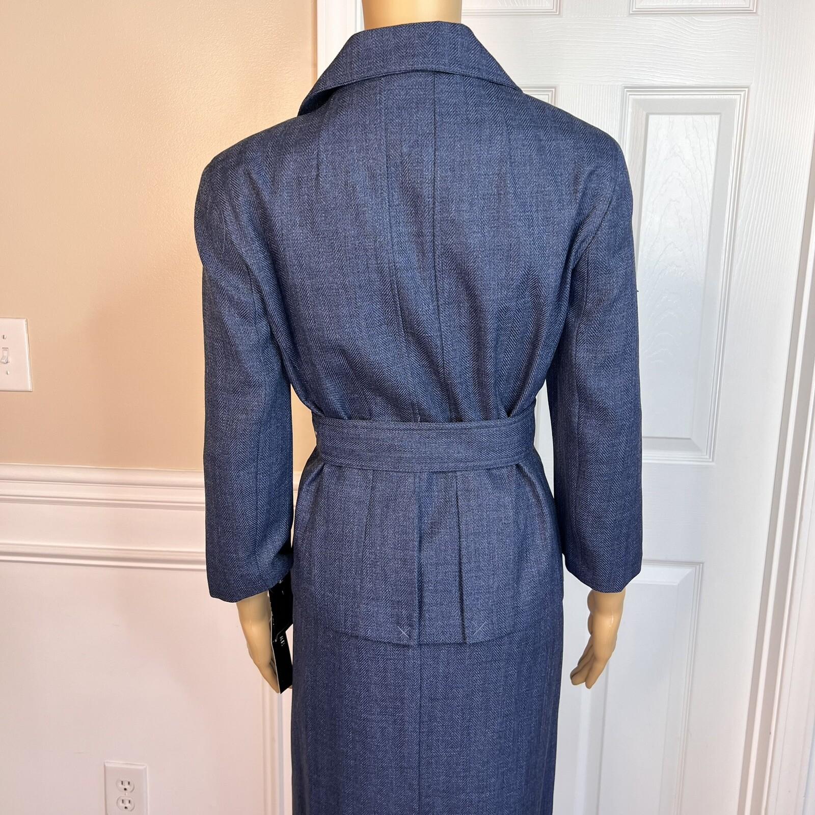 Larry Levine Polyester Skirt Suit 12 Blue Lined Pleated Belted Shawl Collar New
