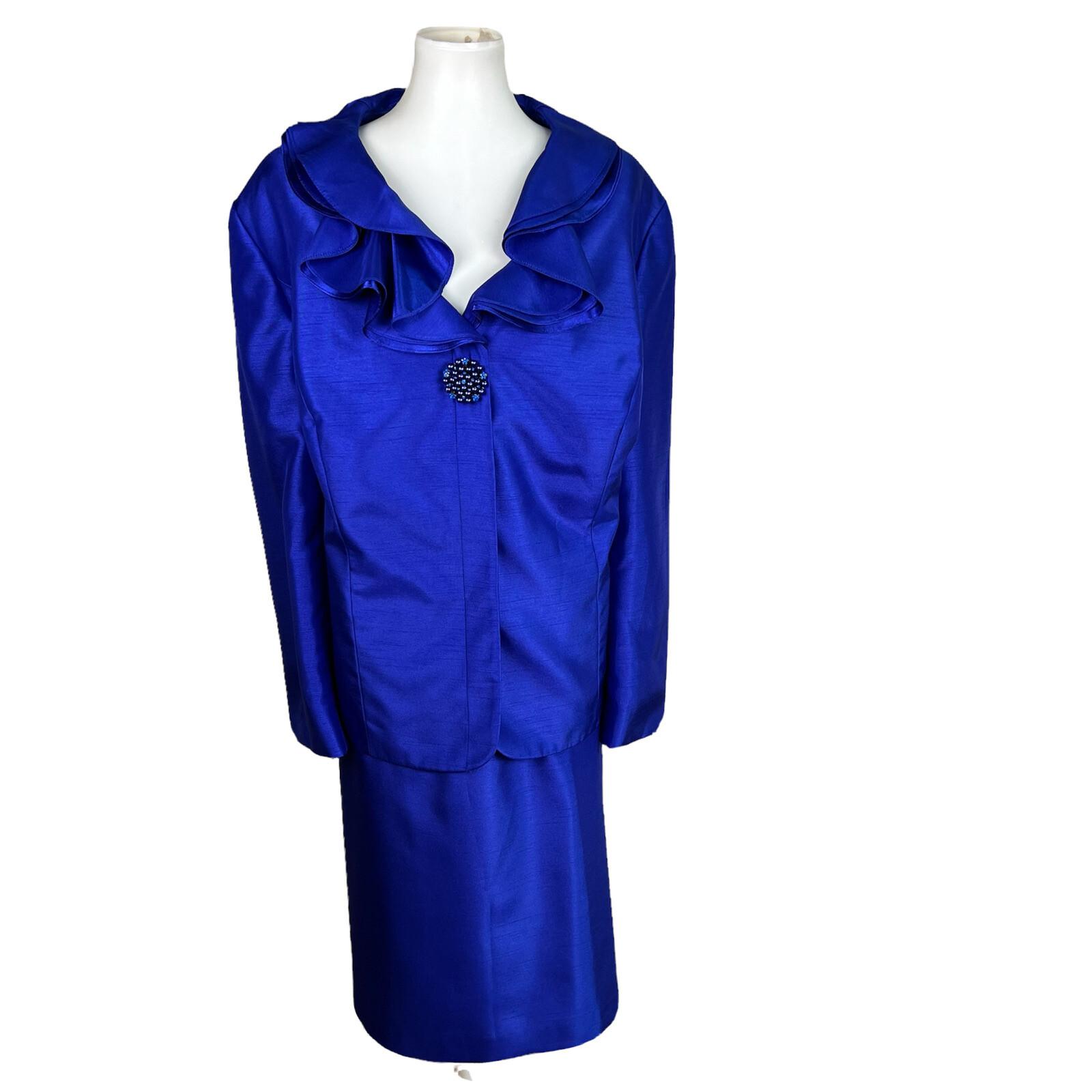 JOHN MEYER 2PC Indigo Polyester Lined Notch Collar Ruffle Skirt Suit Size 24W