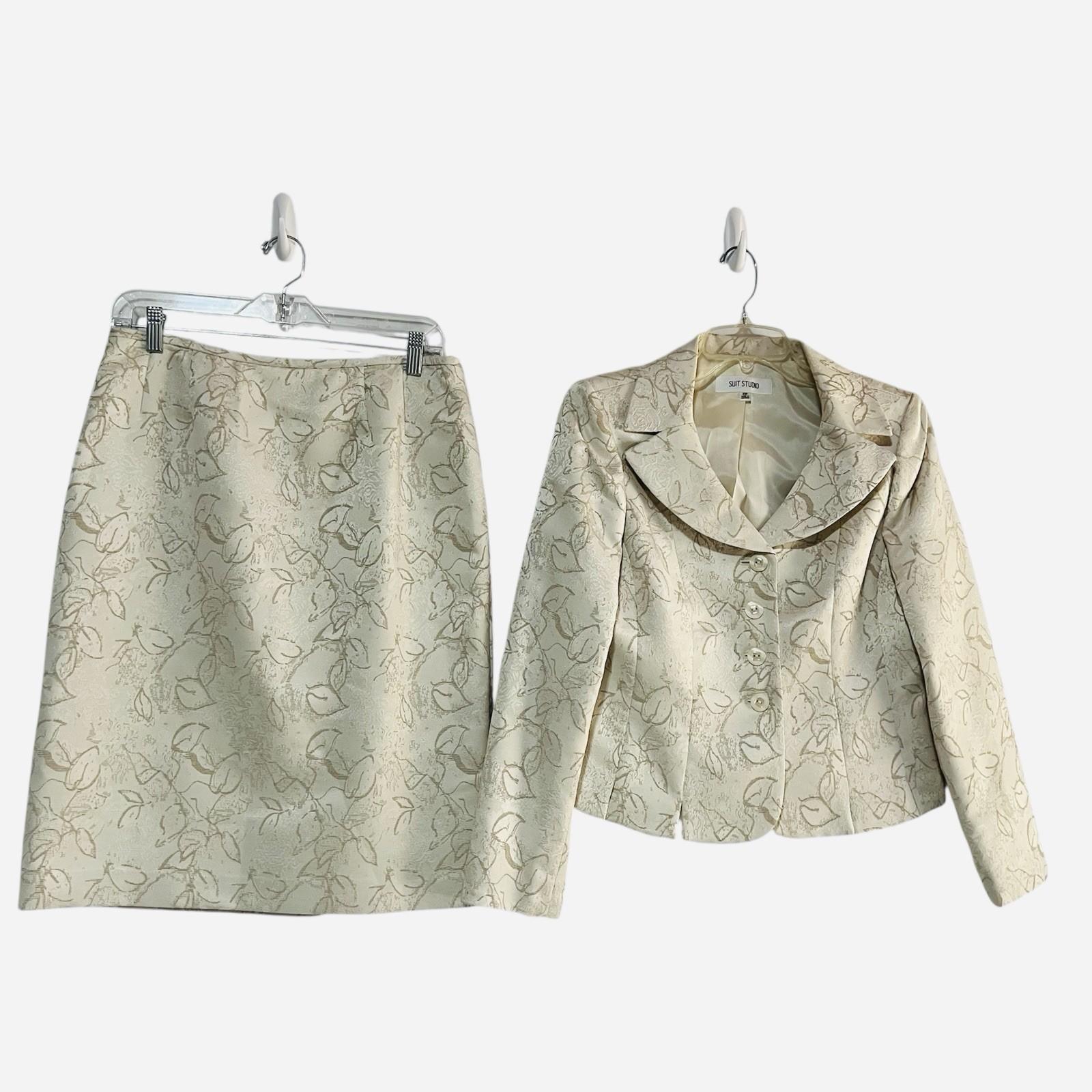 10-3680.jpg Le Suit Polyester Rayon Skirt Suit 10P Beige Floral Notch Collar Classic 2PC