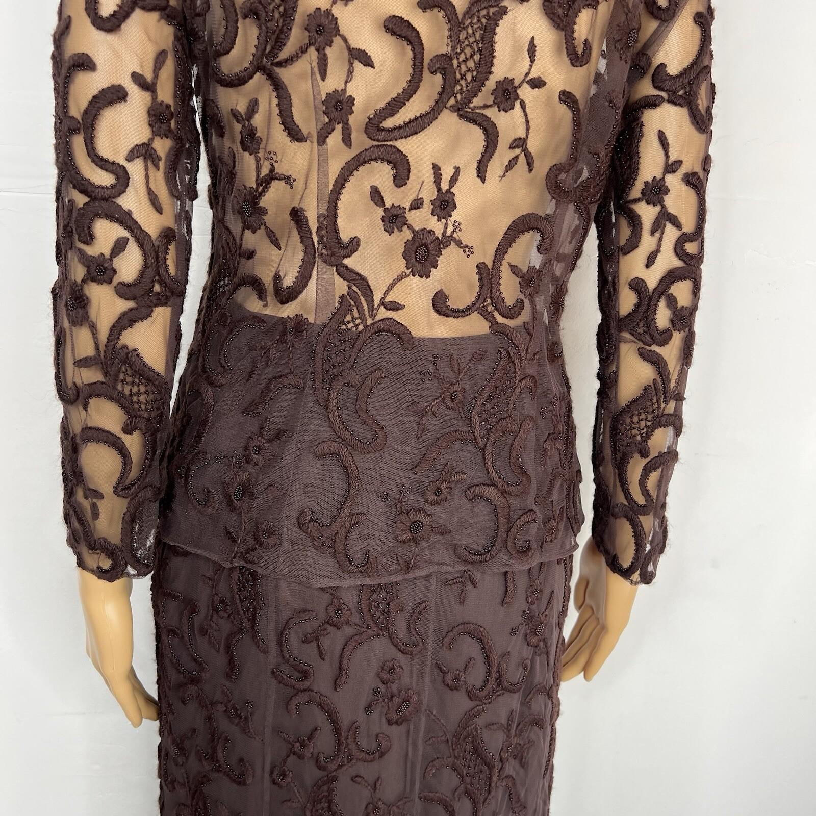 Tahari Lace Tunic Skirt 2 Blouse S Beaded Crocheted Feminin Quiet Luxury 2PC New