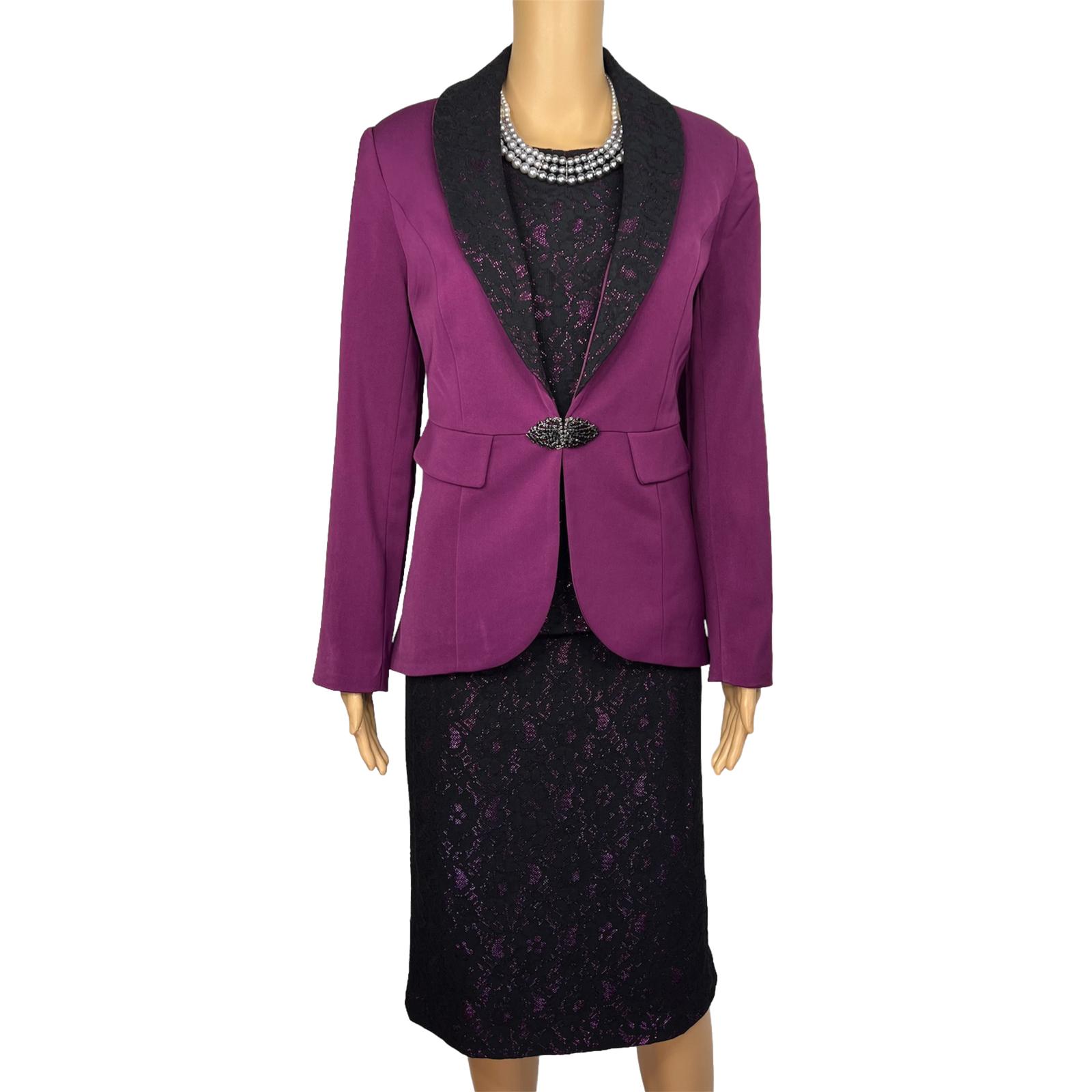 New ASHRO 3PC Black Burgundy Polyester Stretch Asymmetrical Skirt Suit Top SZ 8