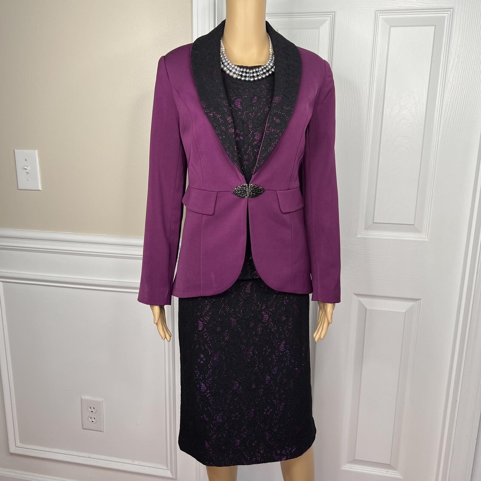 New ASHRO 3PC Black Burgundy Polyester Stretch Asymmetrical Skirt Suit Top SZ 8