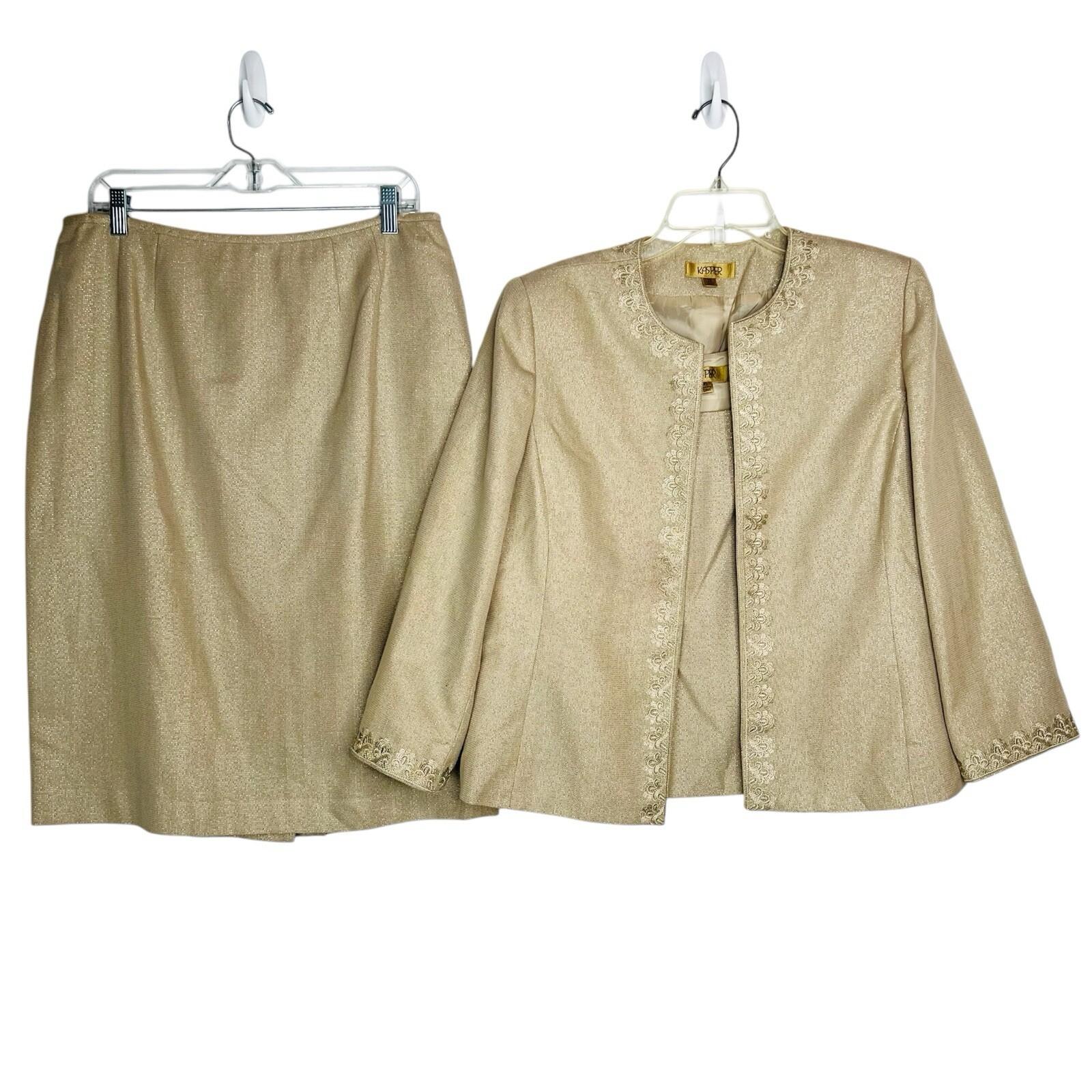 KASPER Polyester Rayon Metallic Skirt Suit Top 12 Gold Shimmer Open Front 3PC
