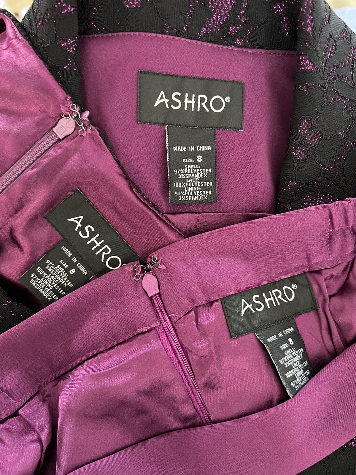 New ASHRO 3PC Black Burgundy Polyester Stretch Asymmetrical Skirt Suit Top SZ 8