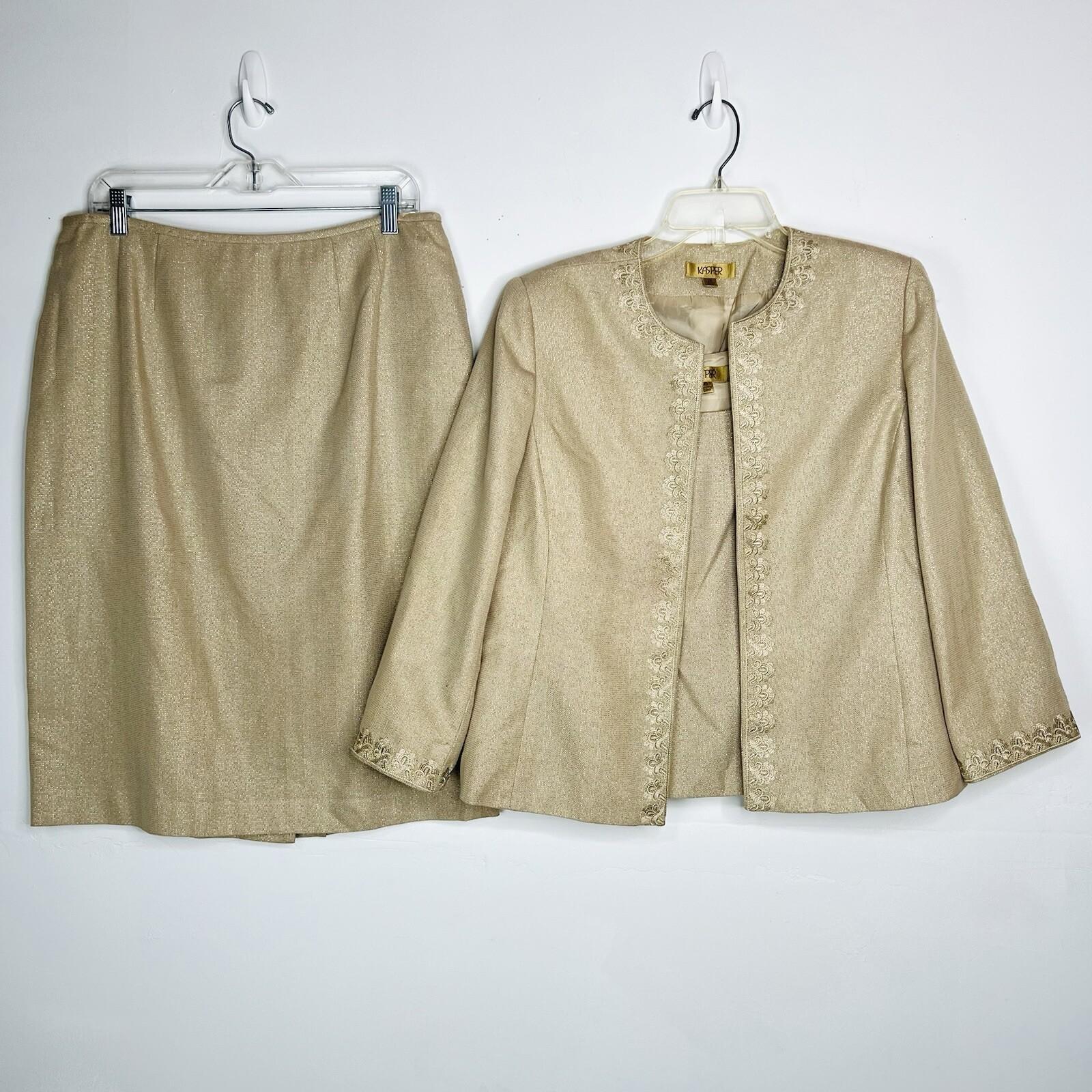 KASPER Polyester Rayon Metallic Skirt Suit Top 12 Gold Shimmer Open Front 3PC