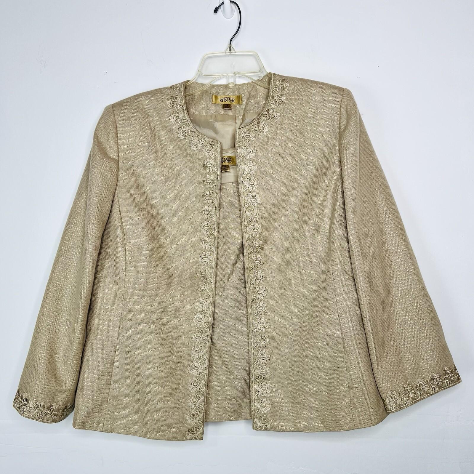 KASPER Polyester Rayon Metallic Skirt Suit Top 12 Gold Shimmer Open Front 3PC
