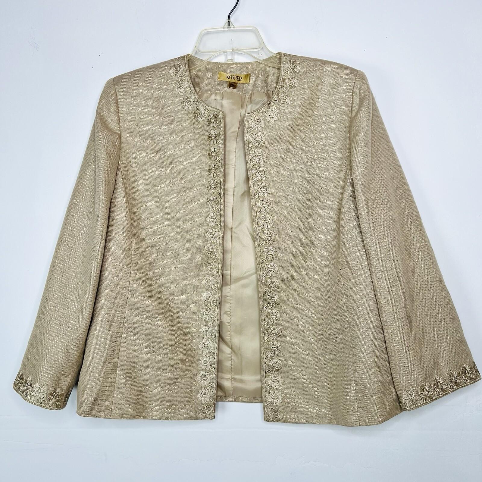 KASPER Polyester Rayon Metallic Skirt Suit Top 12 Gold Shimmer Open Front 3PC