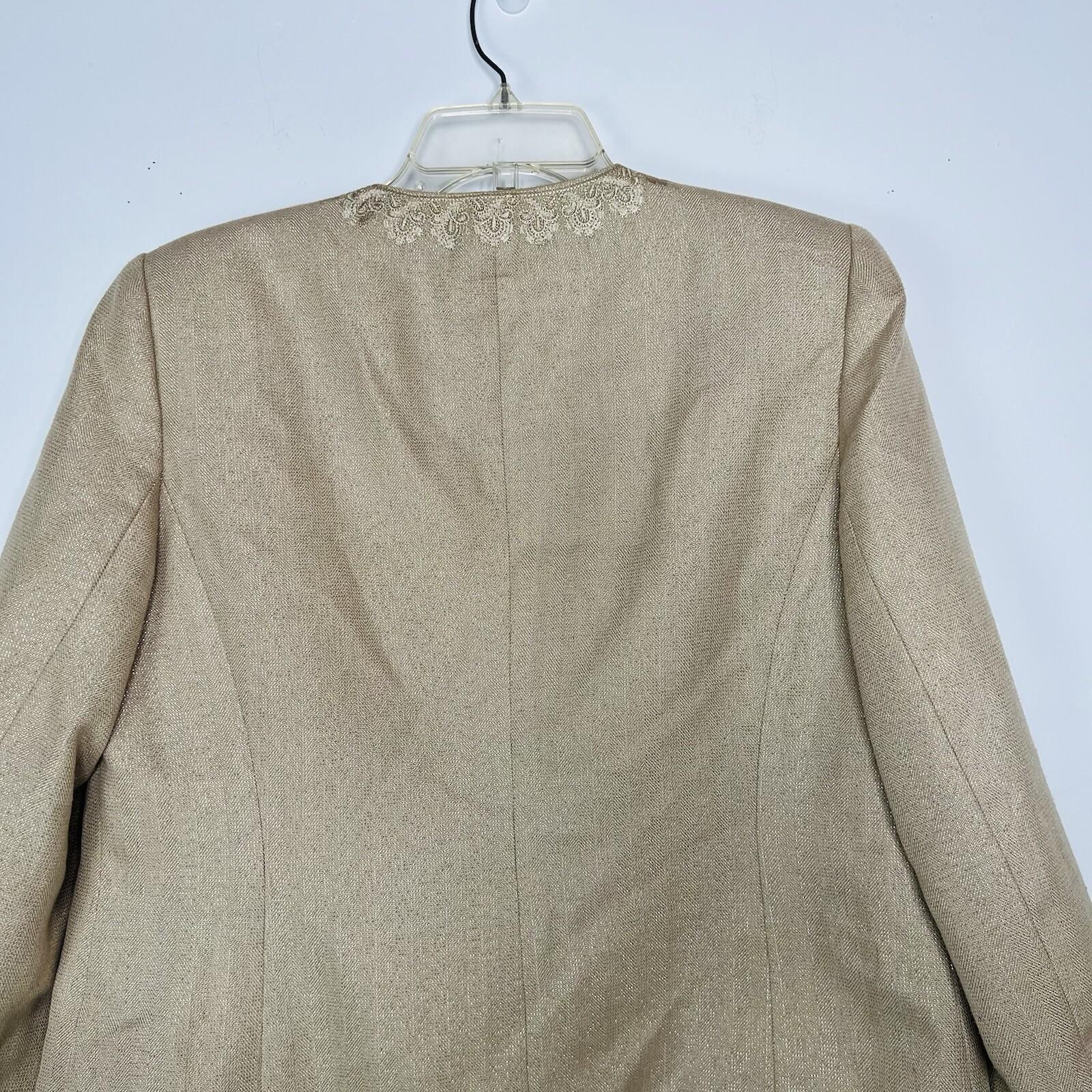 KASPER Polyester Rayon Metallic Skirt Suit Top 12 Gold Shimmer Open Front 3PC