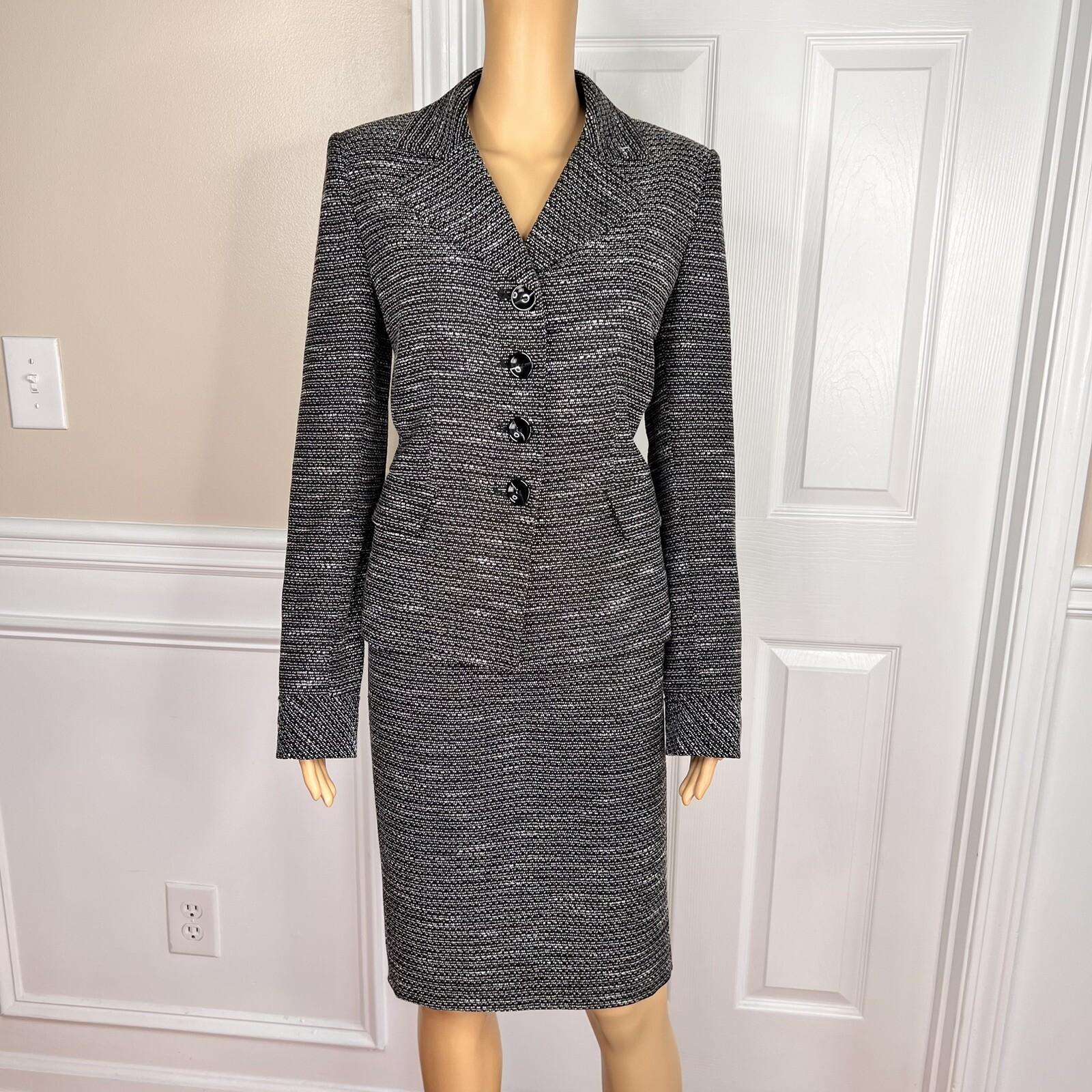 10-3787.jpg Evan Picone Polyester Rayon Skirt Suit Size 8 Black White Lined Faux pockets 2PC