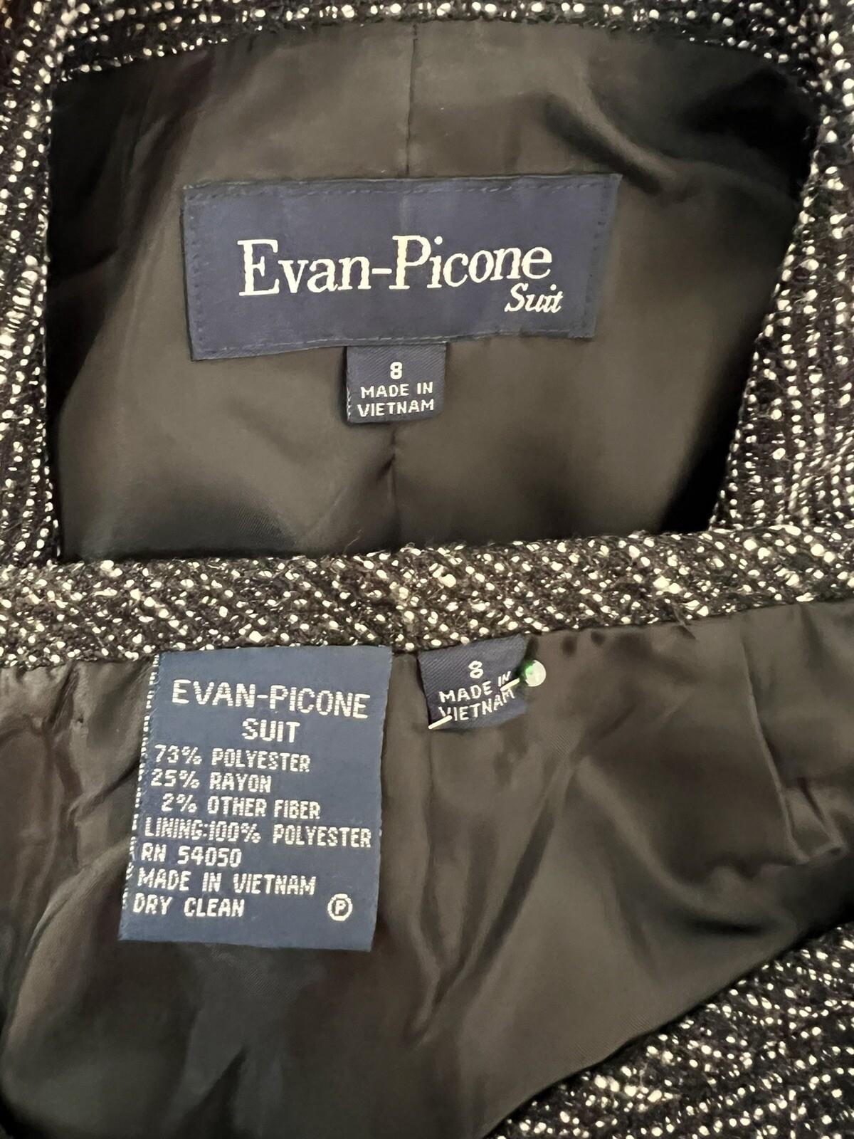 10-3795.jpg Evan Picone Polyester Rayon Skirt Suit Size 8 Black White Lined Faux pockets 2PC