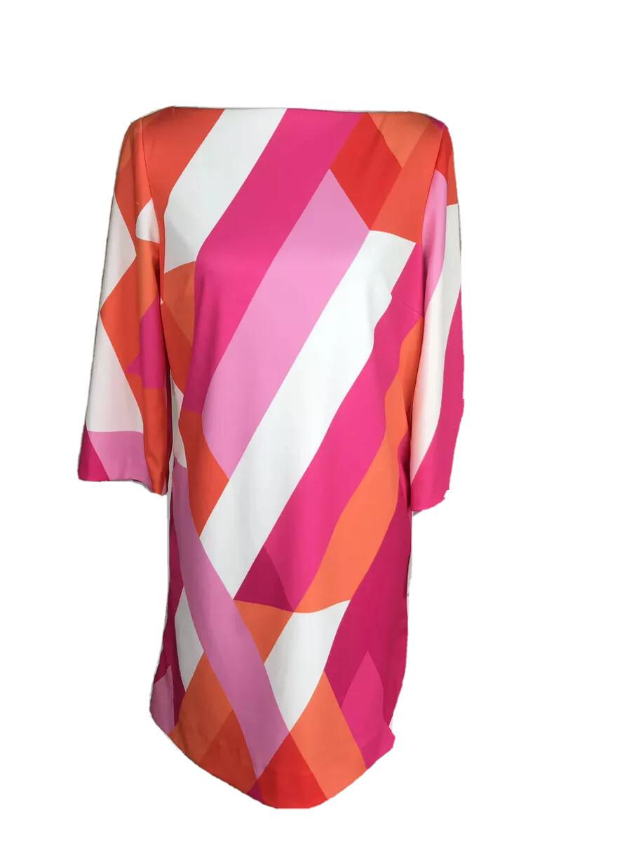 Tahari Polyester Spandex Dress Size 10 Multicolor Striped 3/4 Sleeves Zip