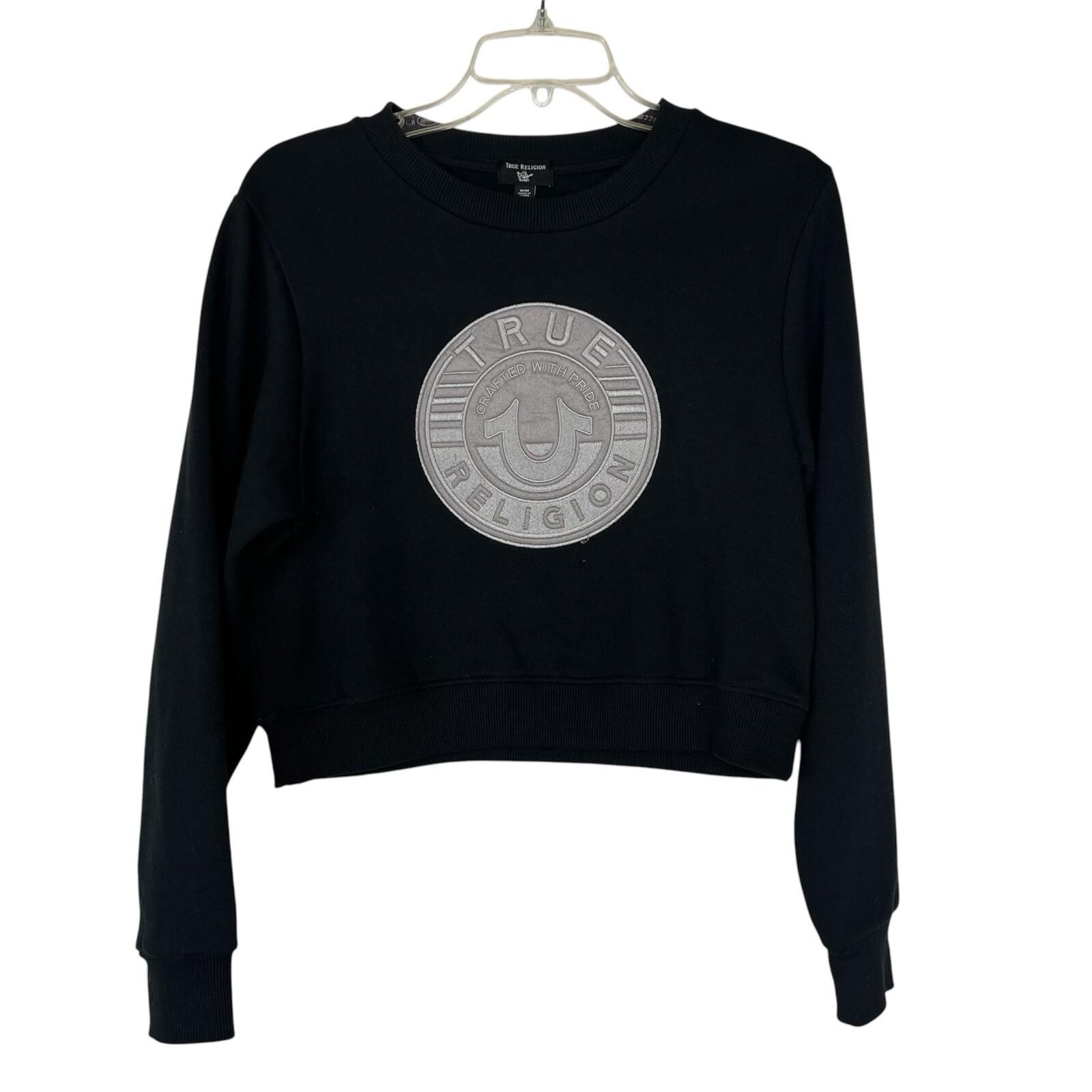 True Religion Women Sweatshirt Size M Black long Sleeve Cropped Crew Neck