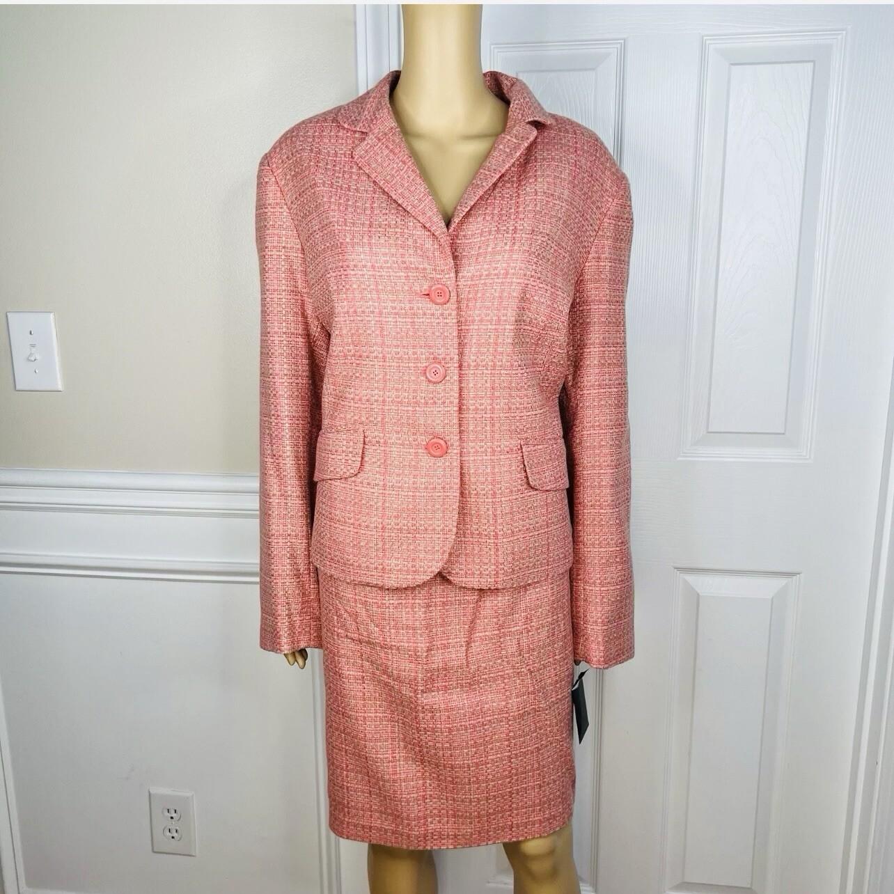 New York & Company Tweed Skirt Suit 18 Pink Lined Notch Collar Cocktail 2PC New