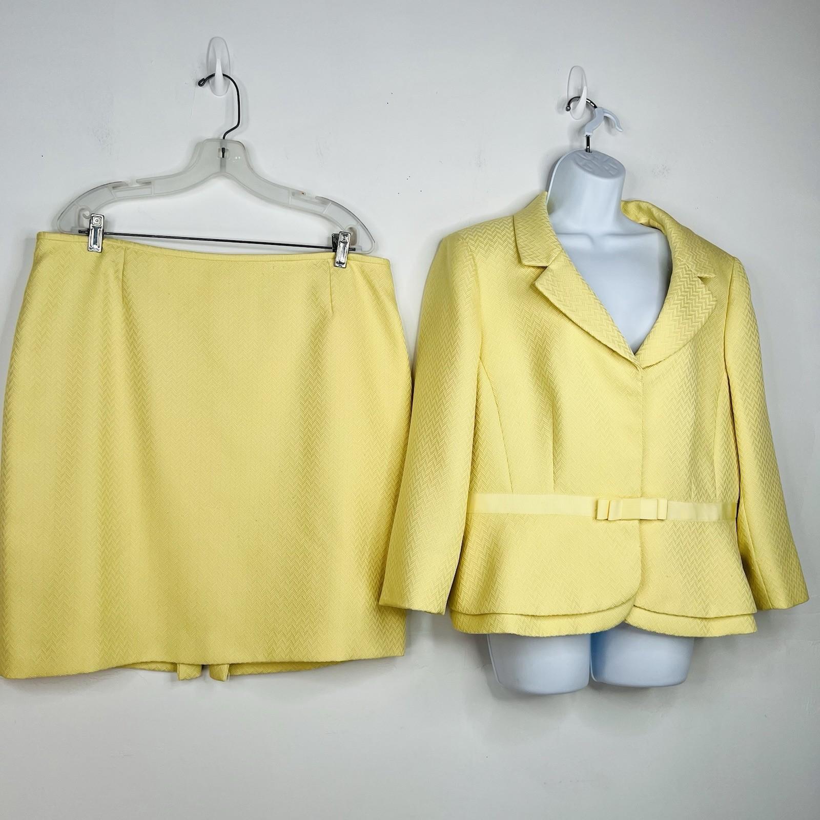 Tahari ASL Polyester Rayon Stretch Skirt Suit 18 Yellow Notch Collar Tiered