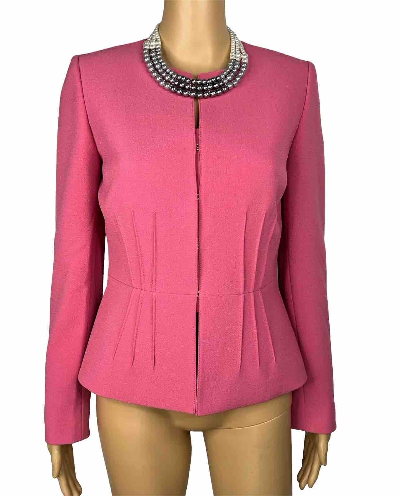 Tahari ASL Polyester Spandex Blazer Size 2 Pink Lined Pleated Ruffle Collarless
