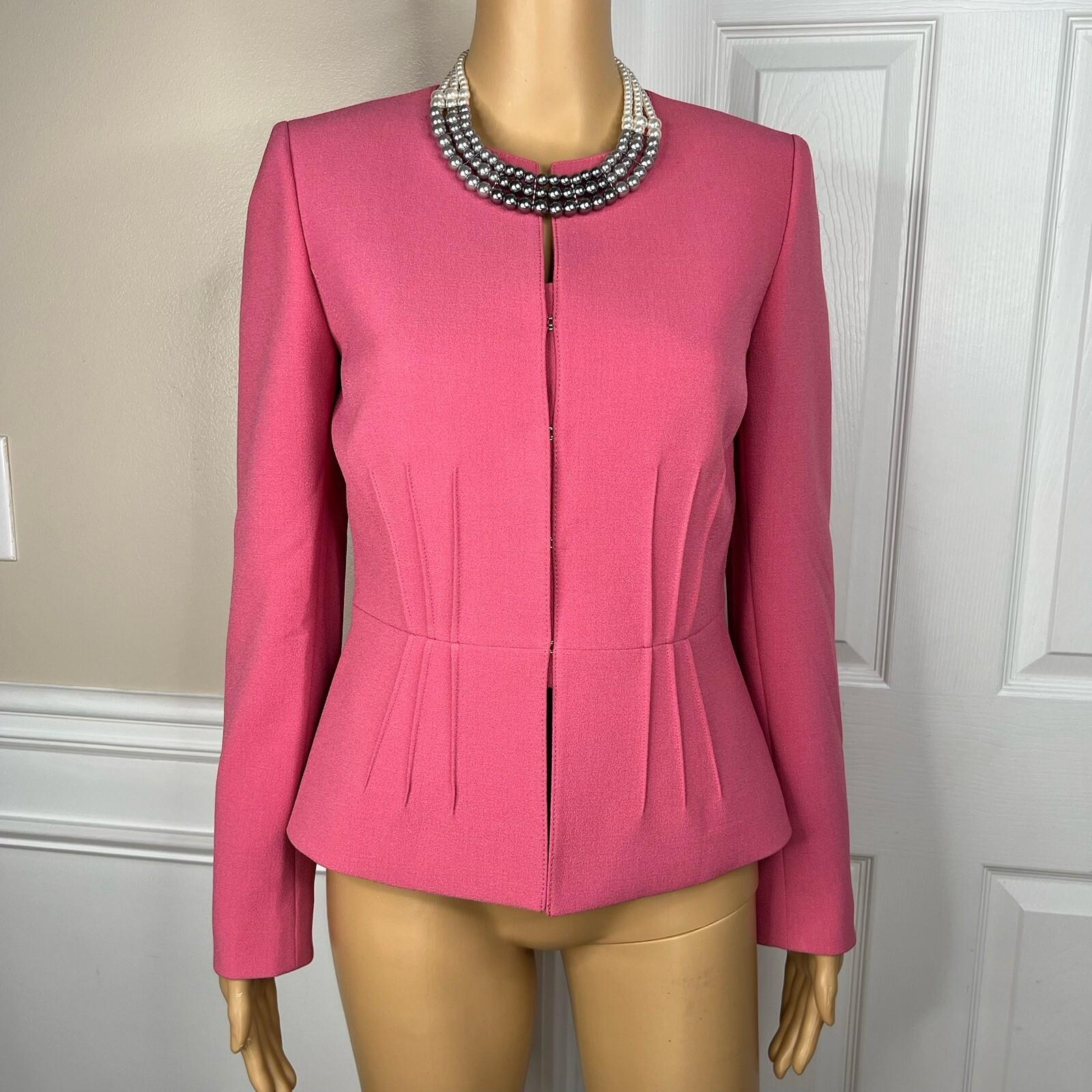 Tahari ASL Polyester Spandex Blazer Size 2 Pink Lined Pleated Ruffle Collarless