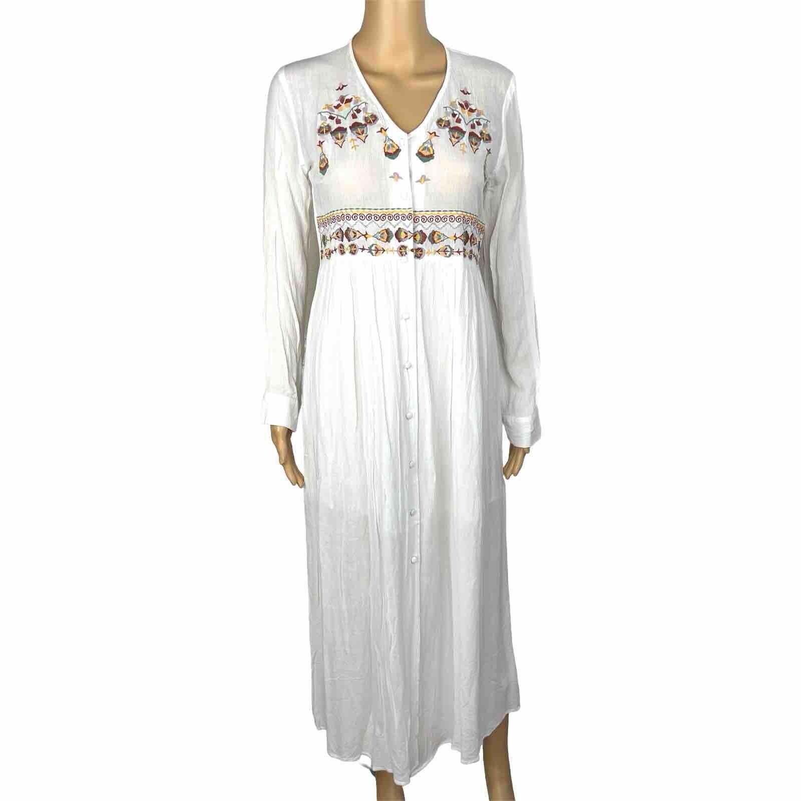 En Creme Cotton Dress Size XS White Embroidered Long Sleeve Button Down Tunic