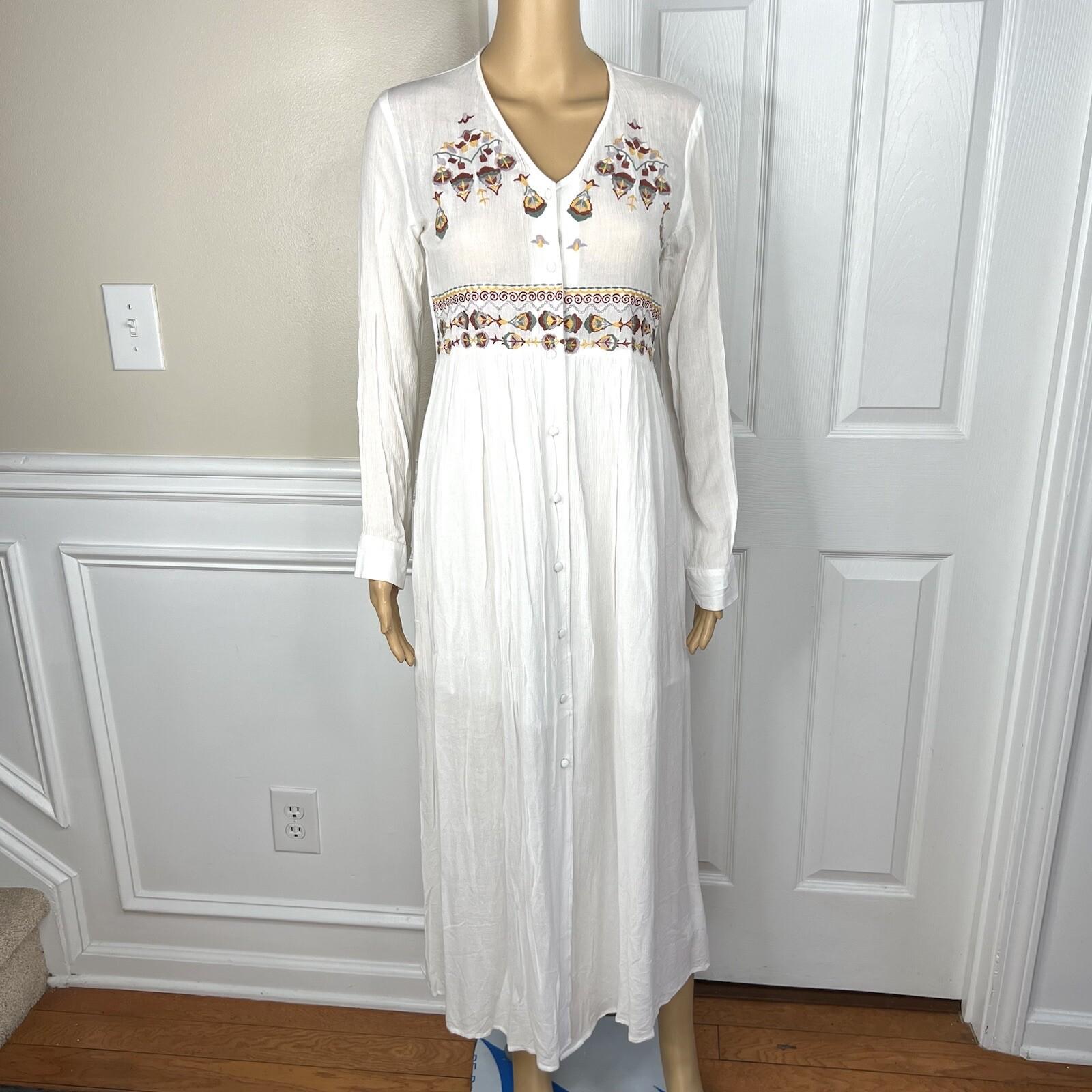 En Creme Cotton Dress Size XS White Embroidered Long Sleeve Button Down Tunic