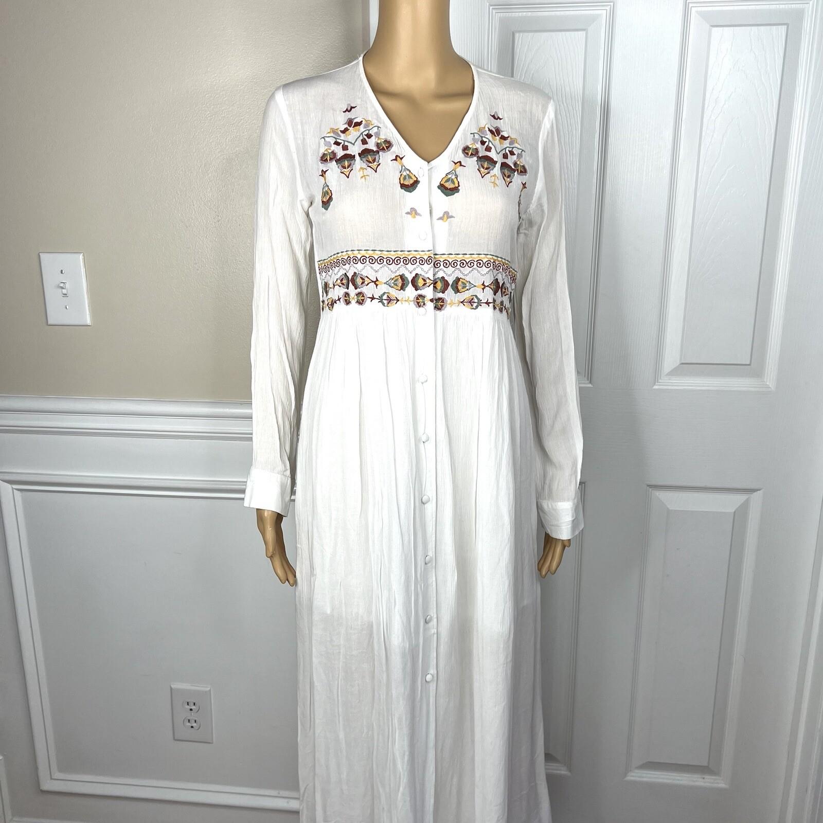 En Creme Cotton Dress Size XS White Embroidered Long Sleeve Button Down Tunic