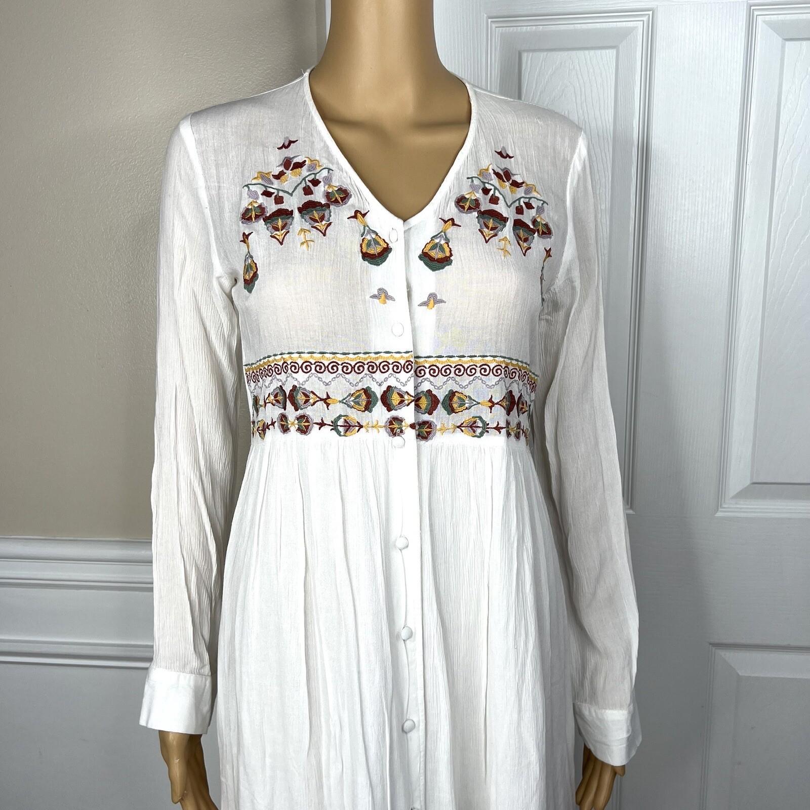 En Creme Cotton Dress Size XS White Embroidered Long Sleeve Button Down Tunic
