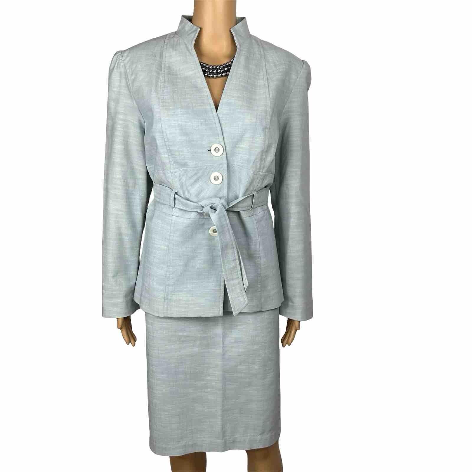 LARRY LEVINE Polyester Cotton Spandex Skirt Suit Size 14 Wash Blue Belted 2PC