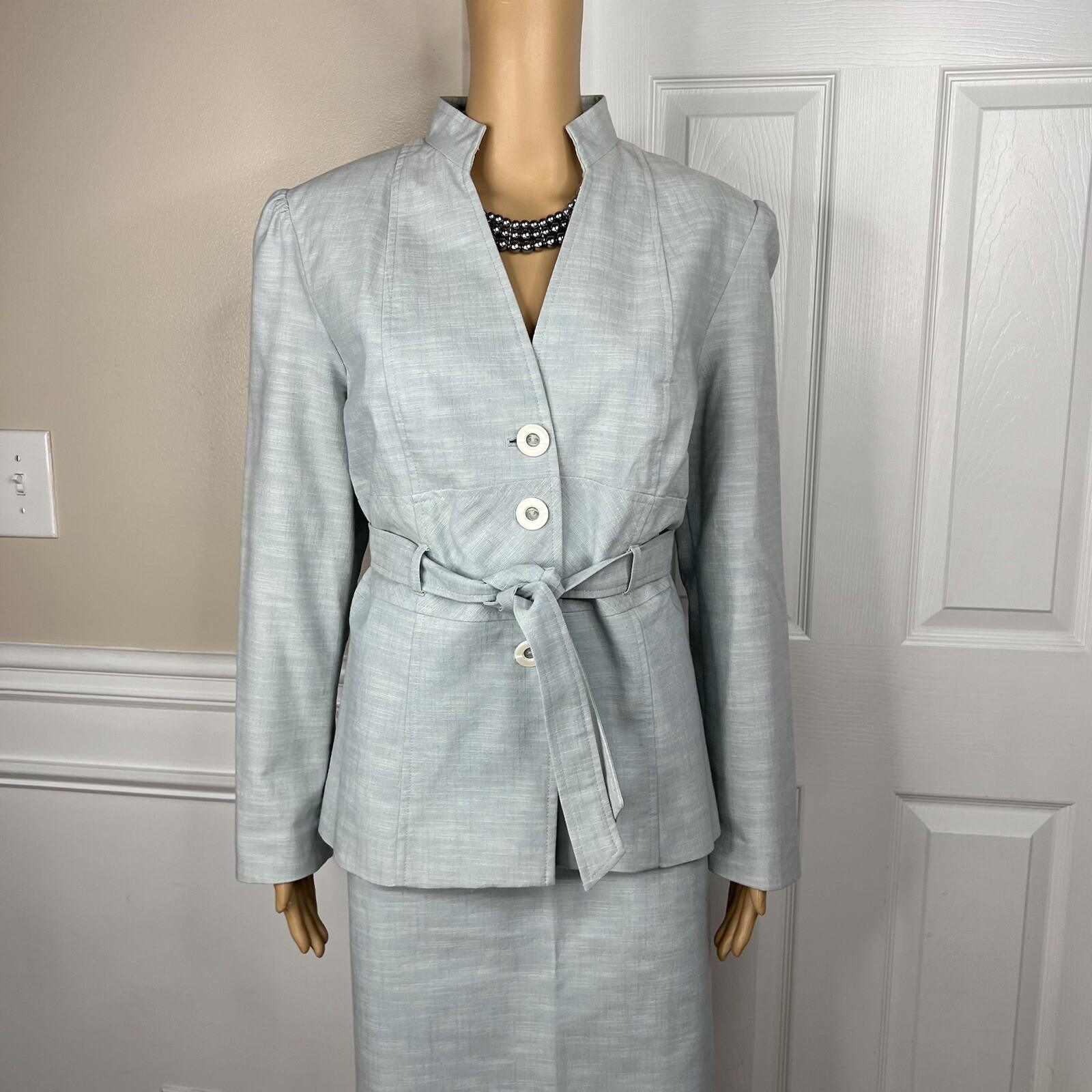 LARRY LEVINE Polyester Cotton Spandex Skirt Suit Size 14 Wash Blue Belted 2PC
