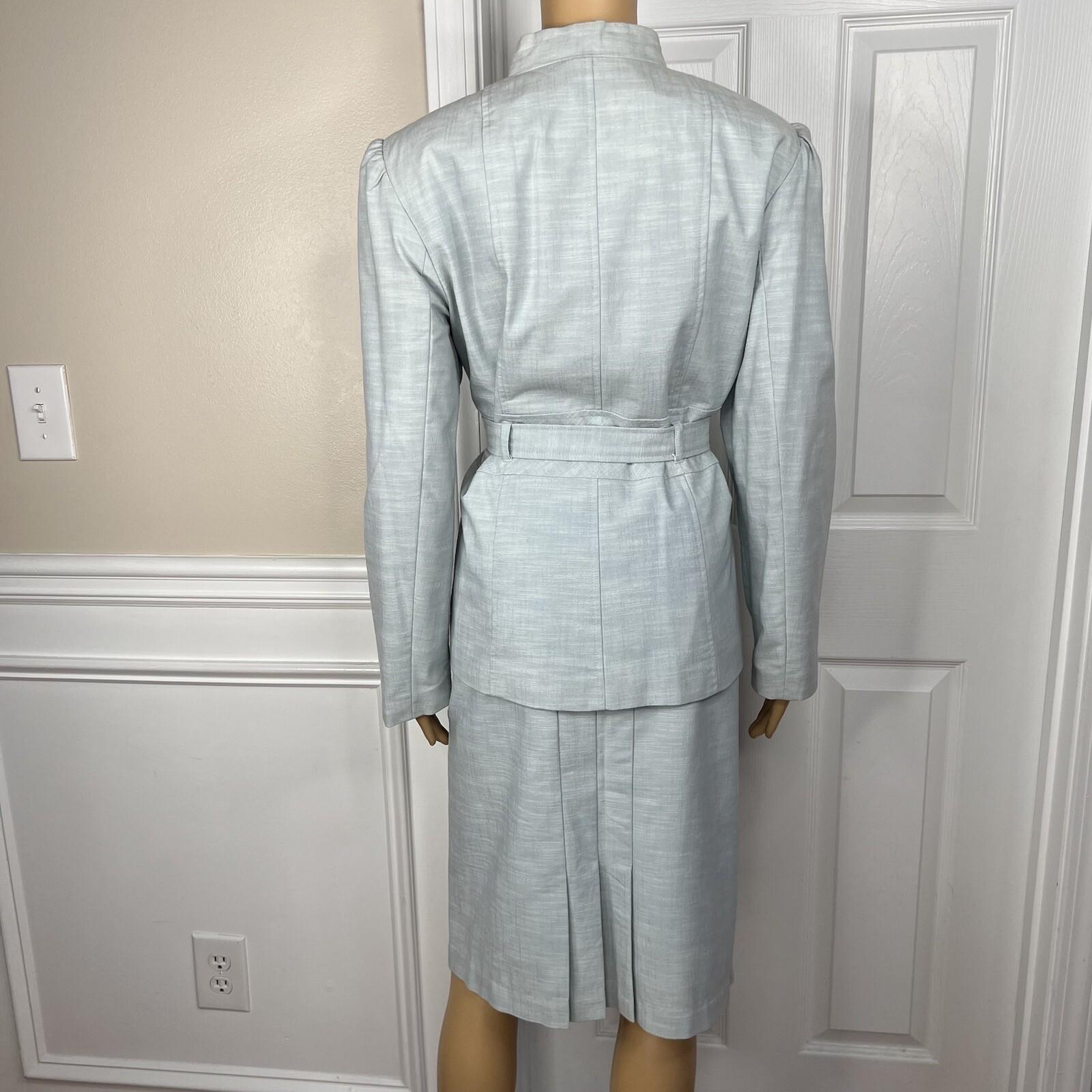 LARRY LEVINE Polyester Cotton Spandex Skirt Suit Size 14 Wash Blue Belted 2PC