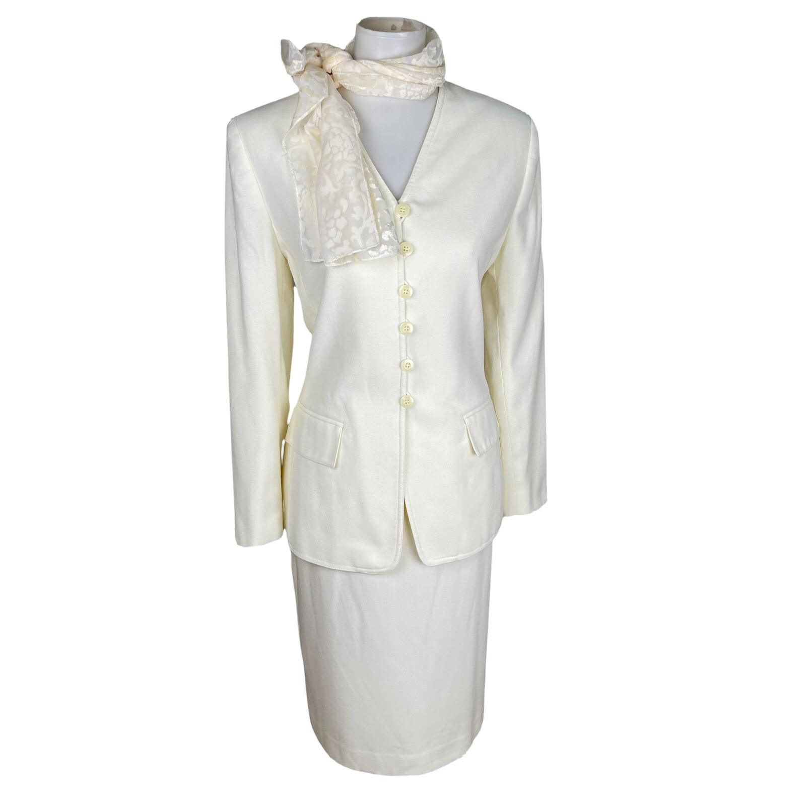 Le Suit Vintage Polyester Rayon Skirt Suit Scarf Size 10 Off White 2PC Lined