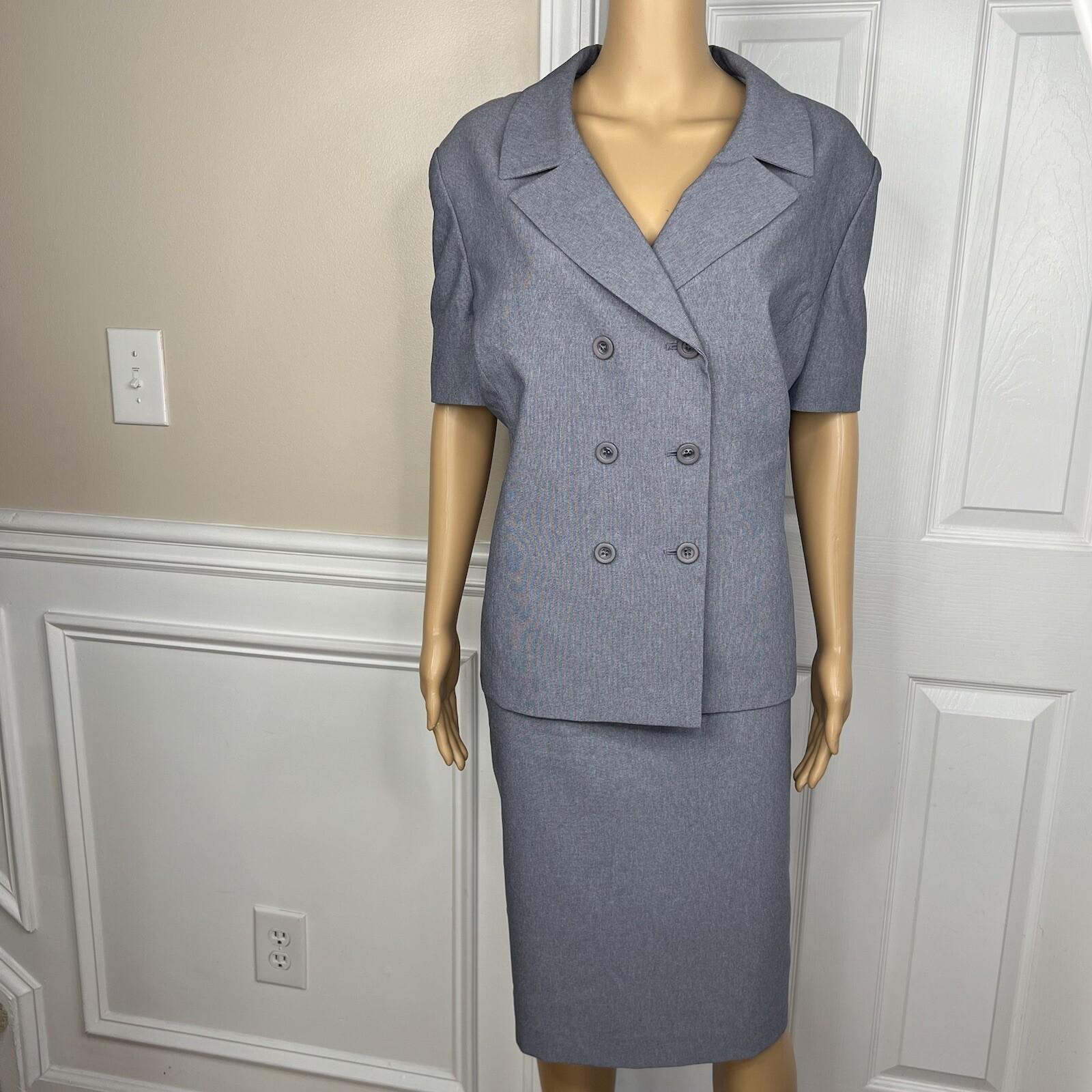Le Suit Polyester Skirt Suit Size 18 Gray Double Breasted Short Sleeves 2PC