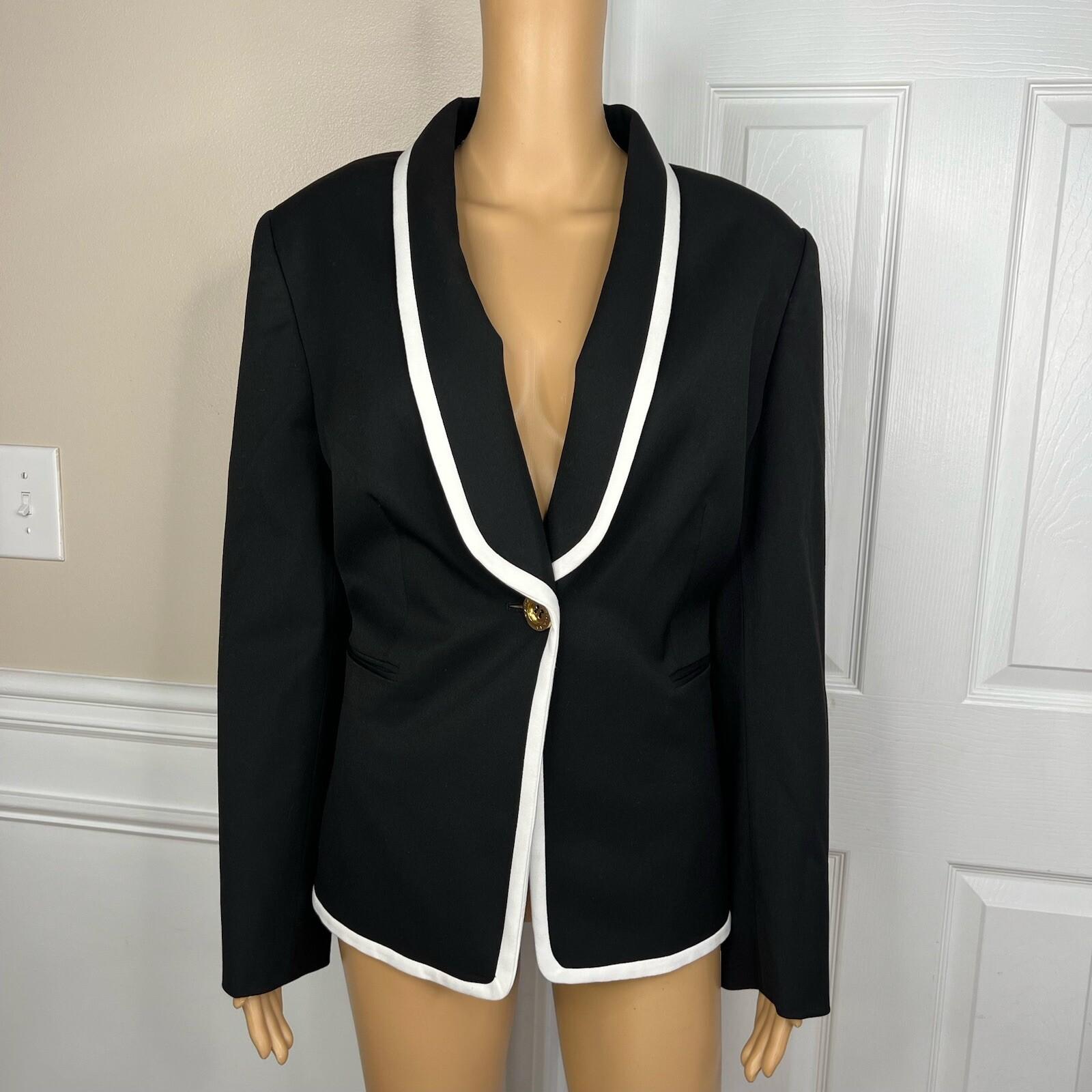TAHARI ASL Polyester Viscose Spandex Blazer 16 Black White Lined Shawl Collar