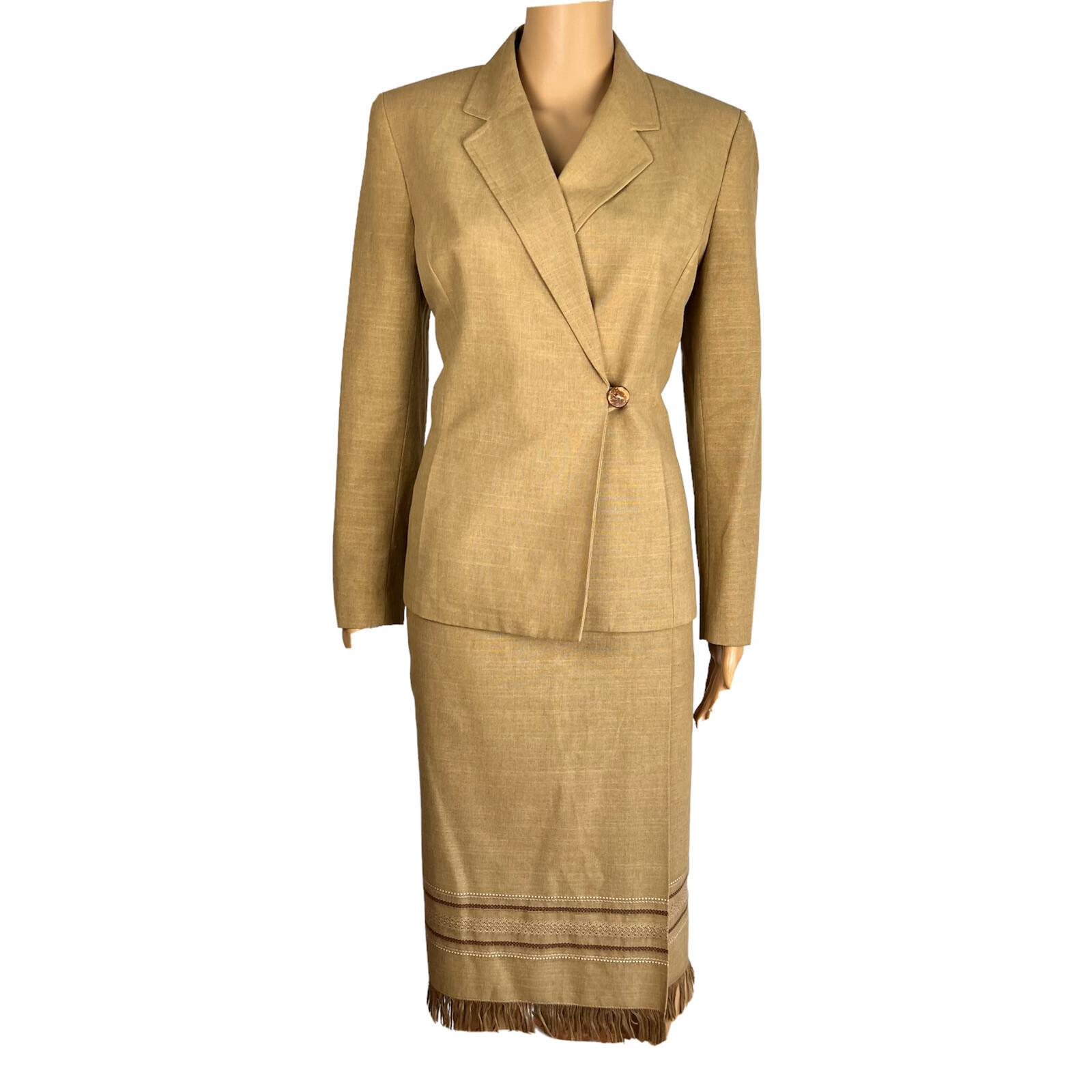KASPER 2PC Tan Cotton Polyester Viscose Wrap Notch Collar Skirt Suit Size 4