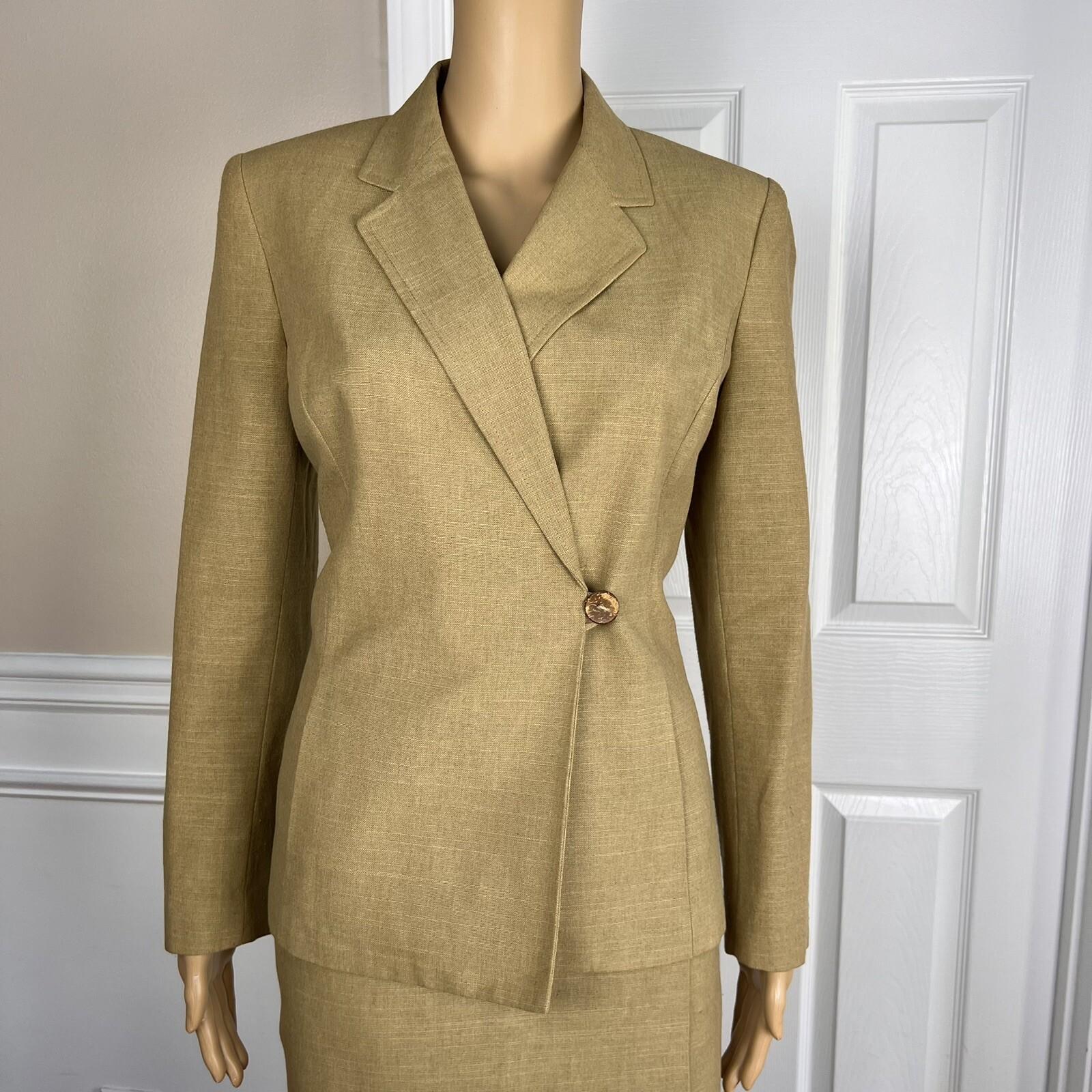 KASPER 2PC Tan Cotton Polyester Viscose Wrap Notch Collar Skirt Suit Size 4