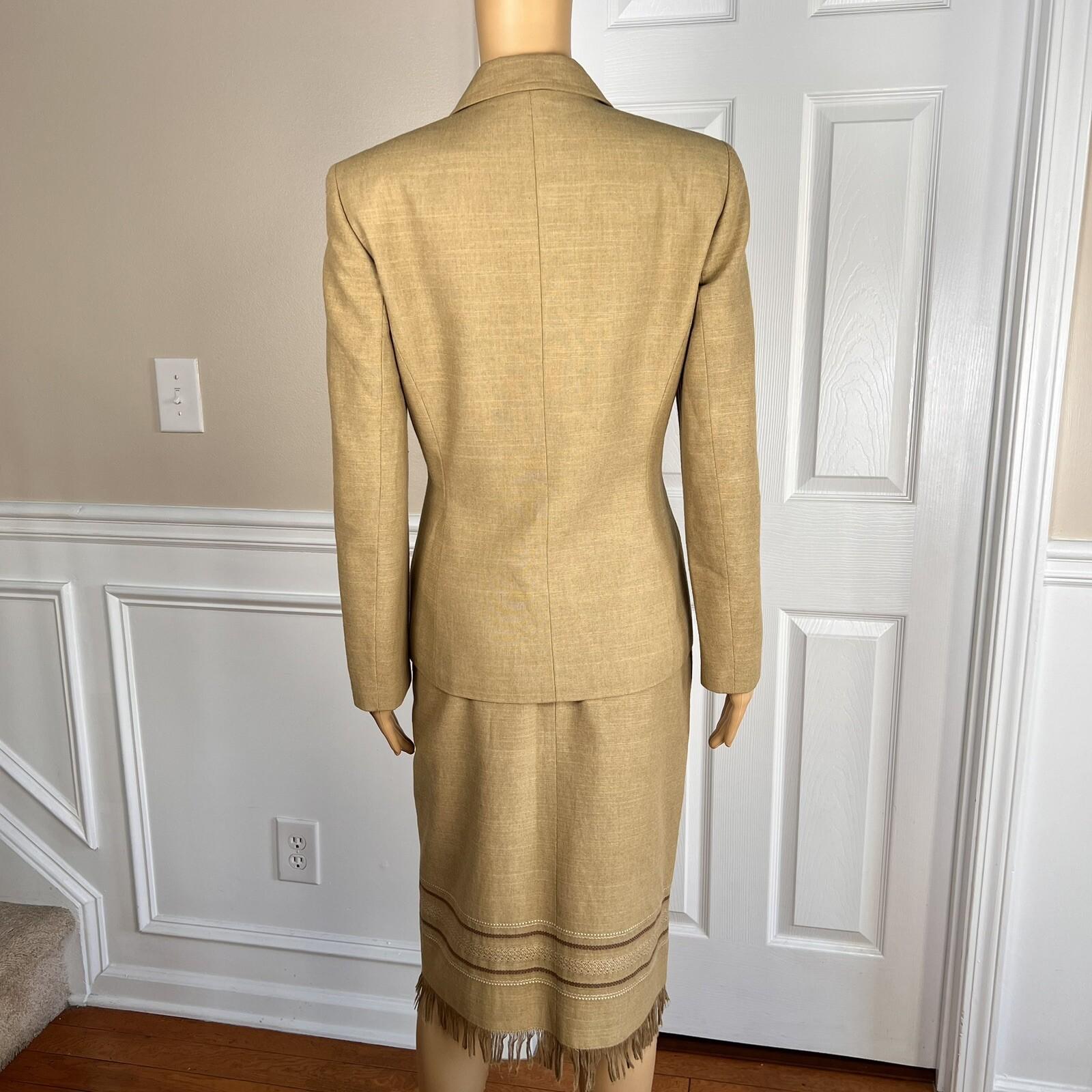 KASPER 2PC Tan Cotton Polyester Viscose Wrap Notch Collar Skirt Suit Size 4