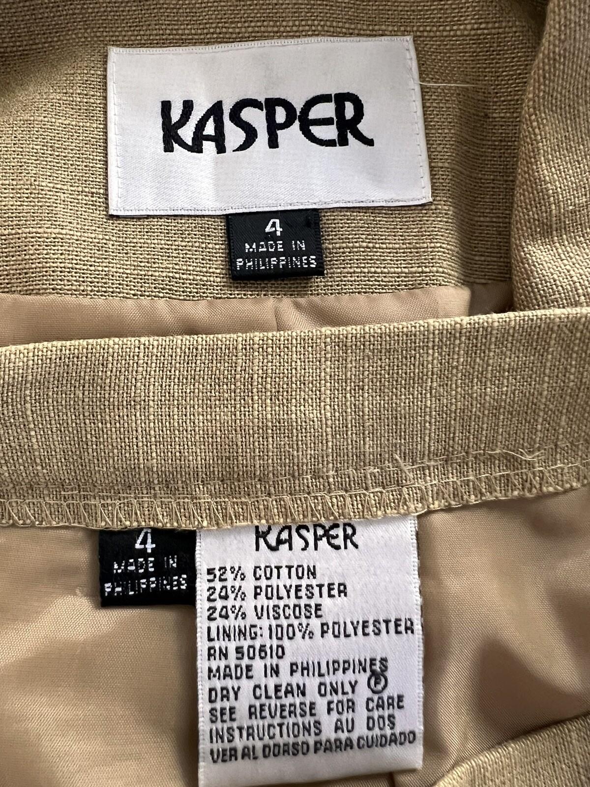 KASPER 2PC Tan Cotton Polyester Viscose Wrap Notch Collar Skirt Suit Size 4