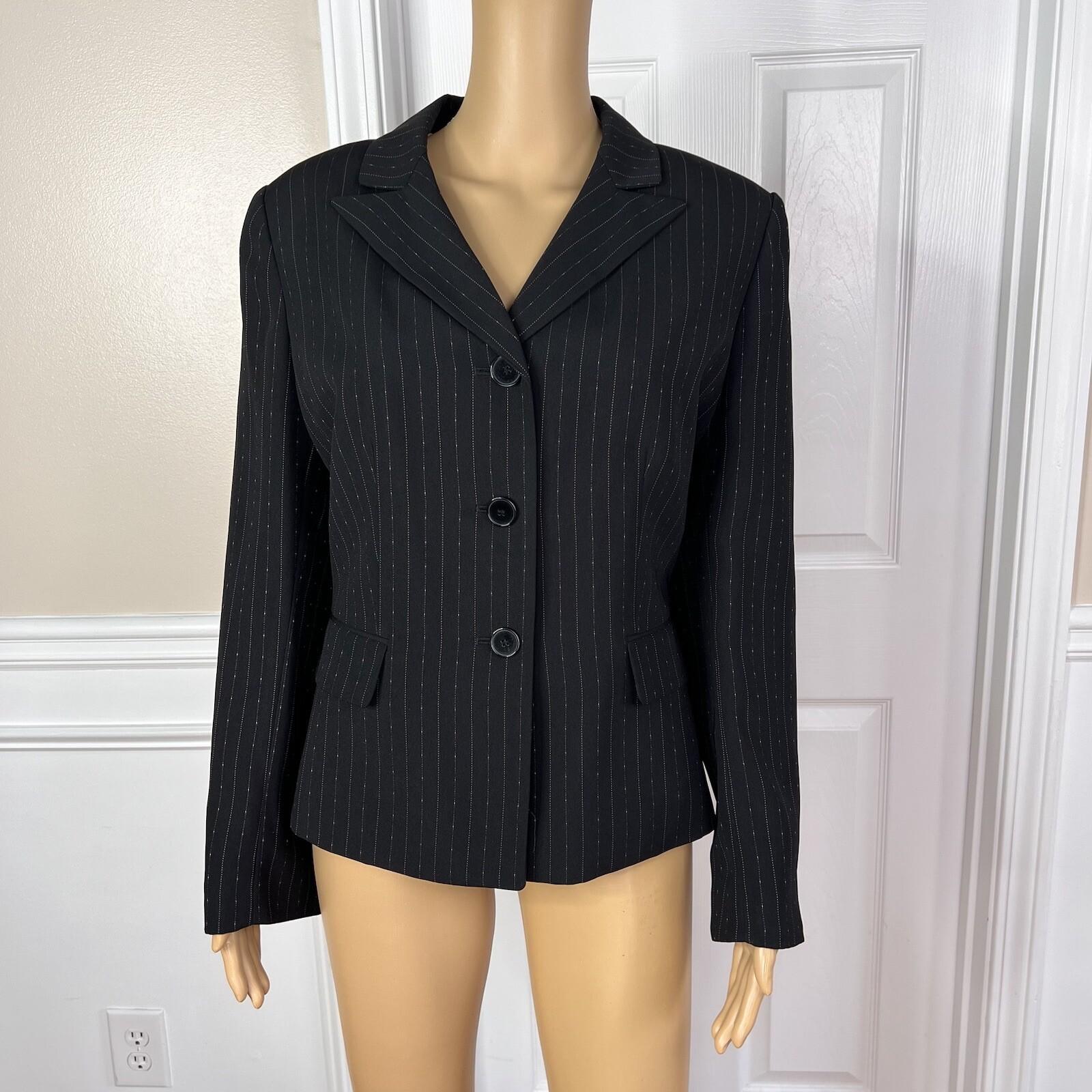 SUIT STUDIO Women 2PC Black Striped Polyester Lined Career Pant Suit Size 14