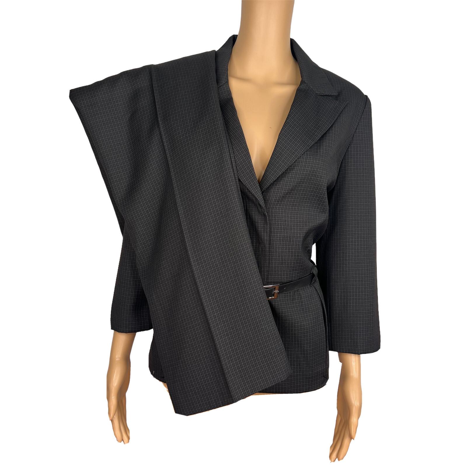 SHARAGANO 2PC Black Pinstriped Polyester Rayon Belted Pant Suit Size 14 New