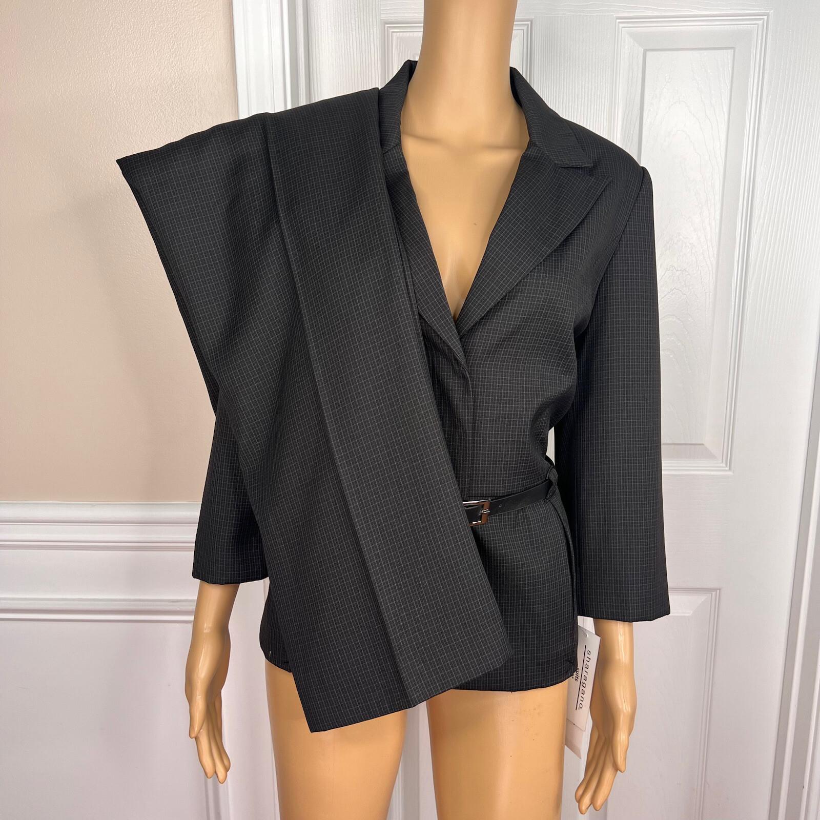 SHARAGANO 2PC Black Pinstriped Polyester Rayon Belted Pant Suit Size 14 New