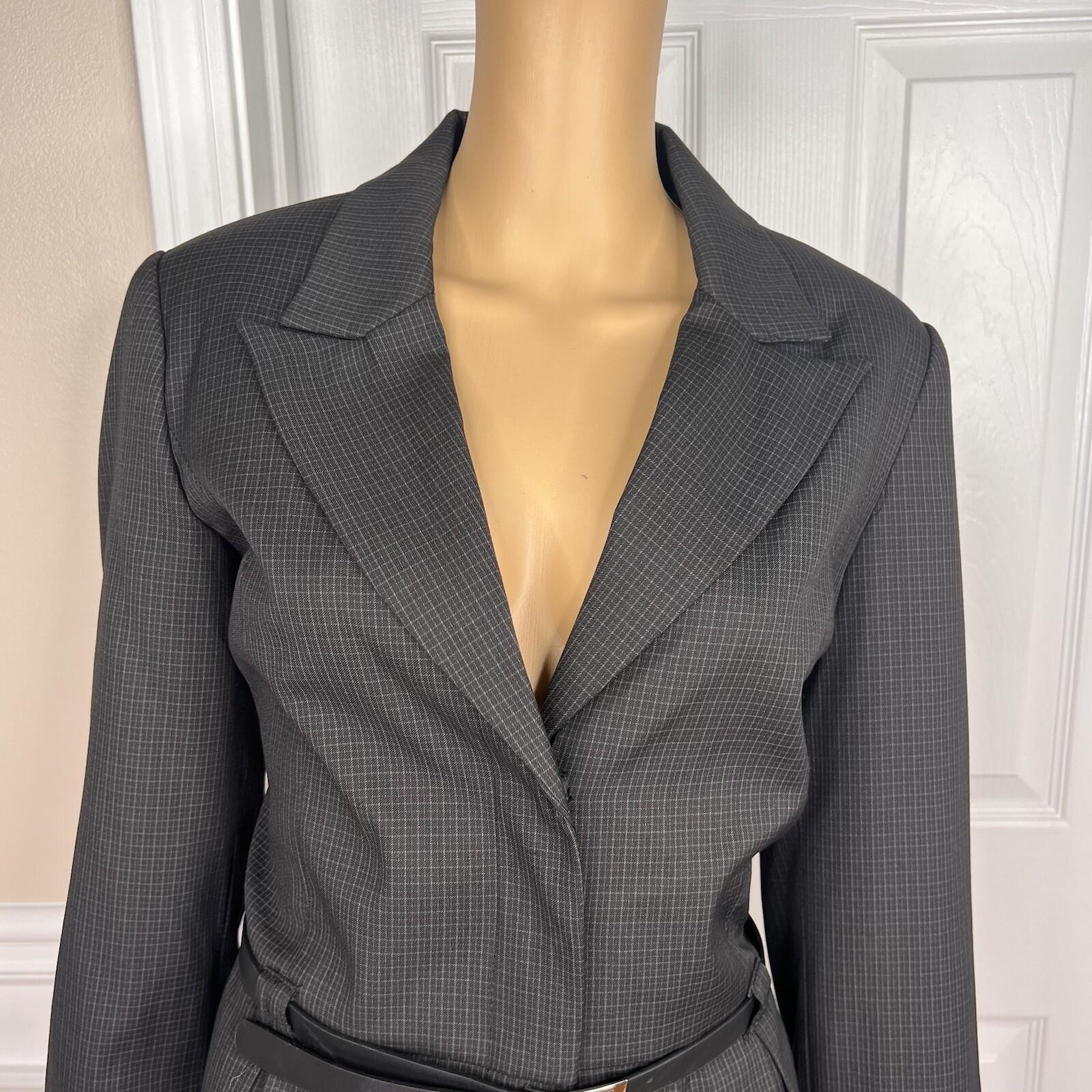 SHARAGANO 2PC Black Pinstriped Polyester Rayon Belted Pant Suit Size 14 New