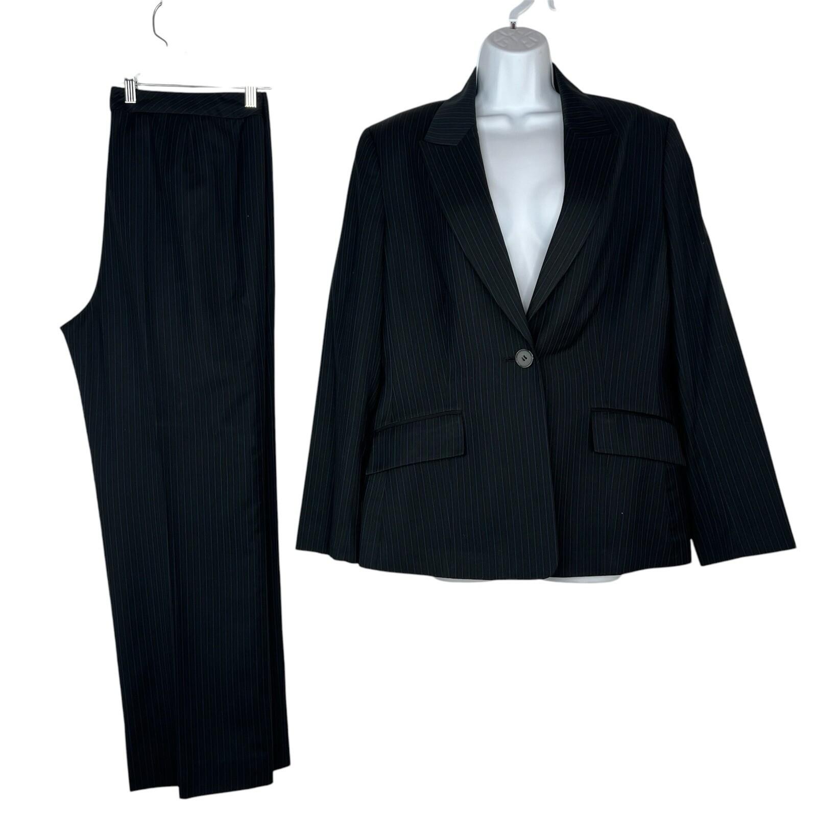 KASPER Polyester Rayon Pant Size 16 Black Striped Lined Peak Collar Business 2PC
