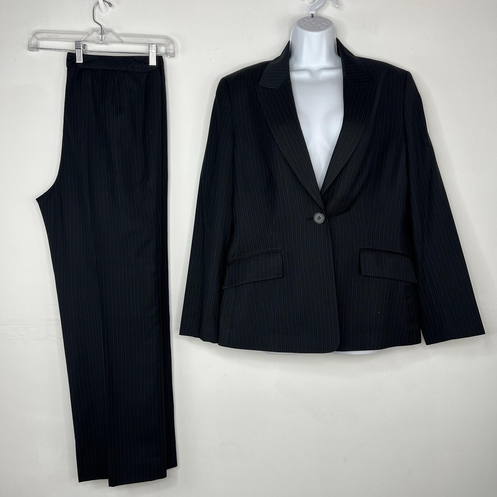 KASPER Polyester Rayon Pant Size 16 Black Striped Lined Peak Collar Business 2PC